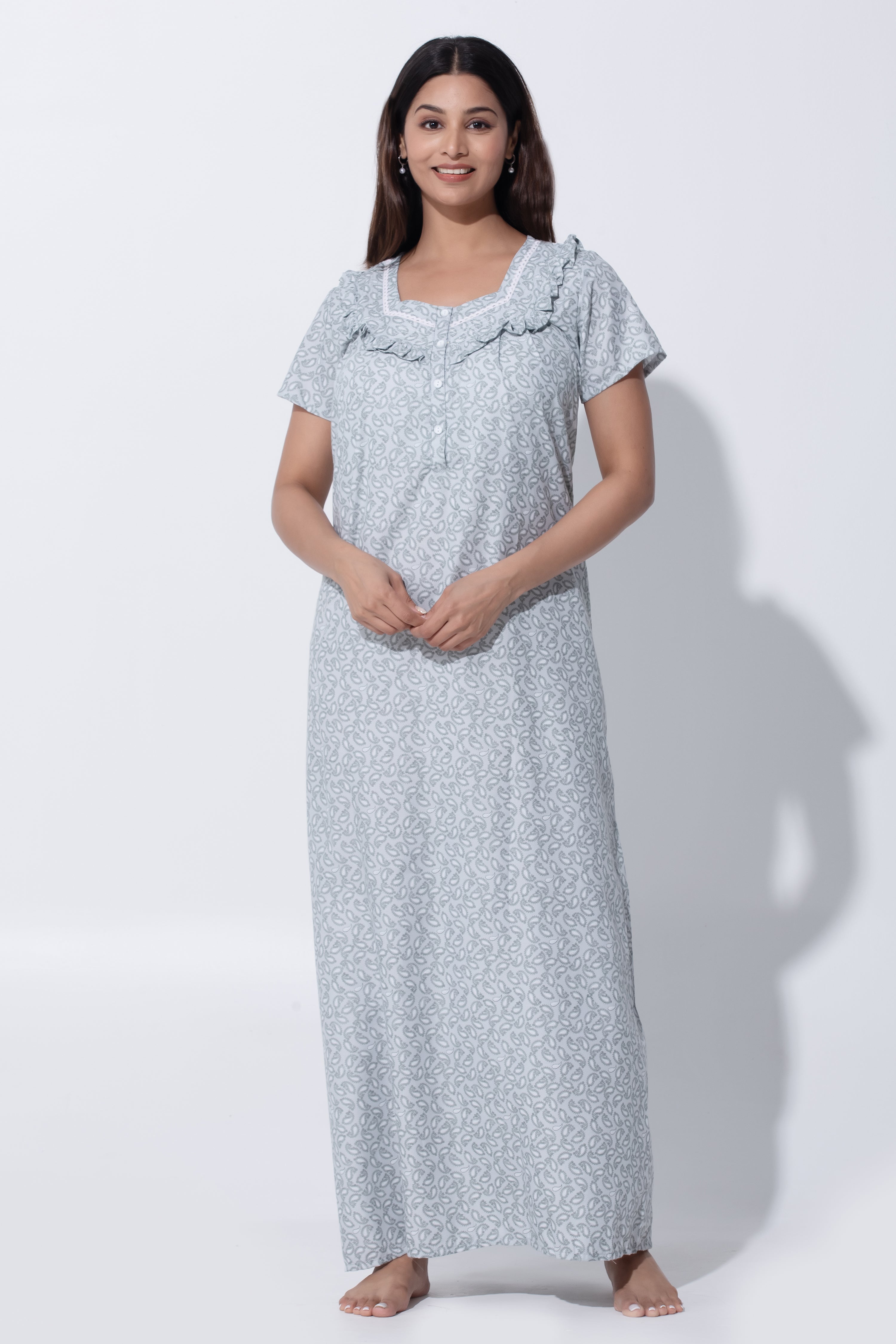 Pastel Blue Nighty with Paisley & Lace Ruffled Yoke