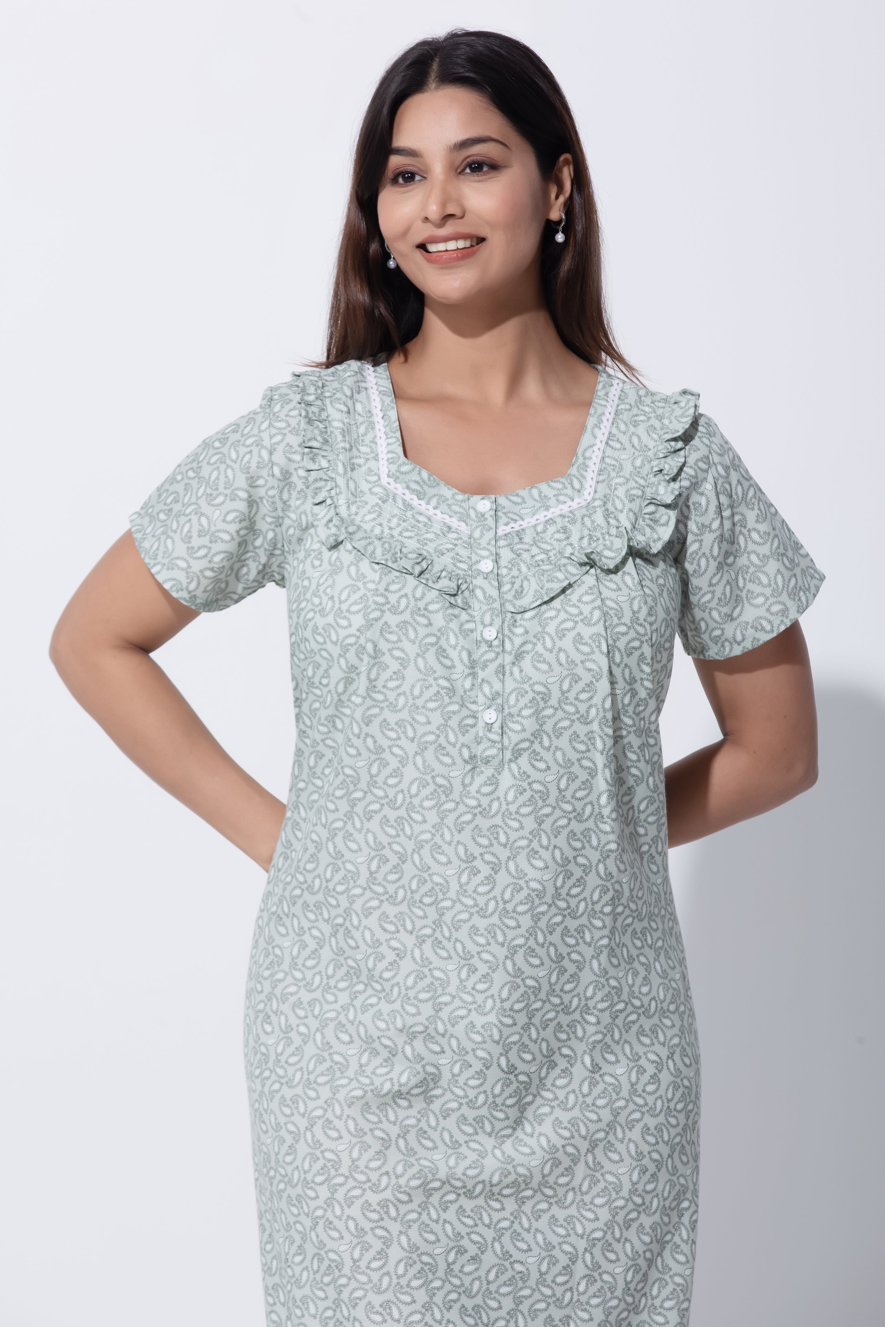 Pastel Green Nighty with Paisley & Lace Ruffled Yoke