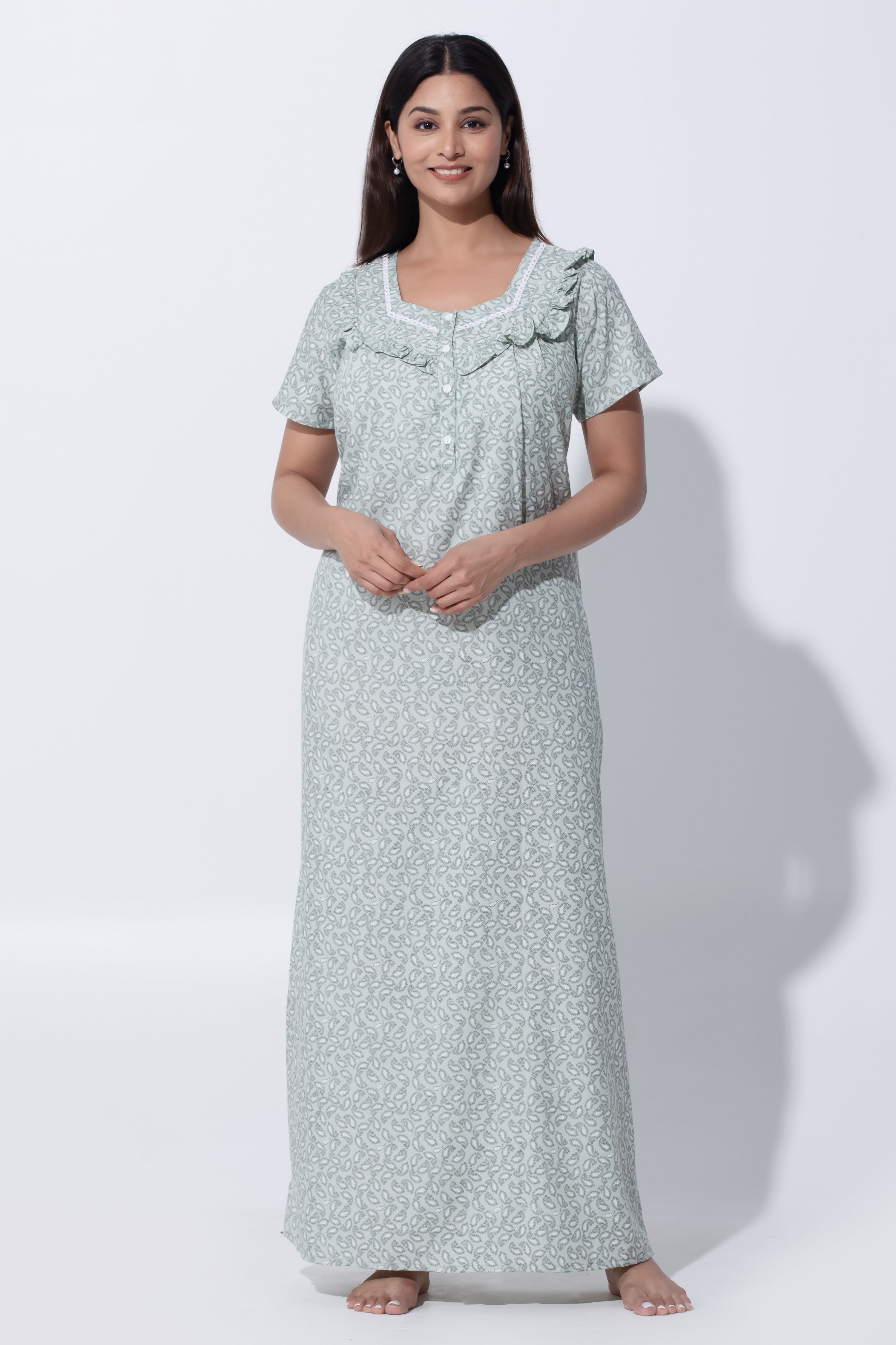 Pastel Green Nighty with Paisley & Lace Ruffled Yoke