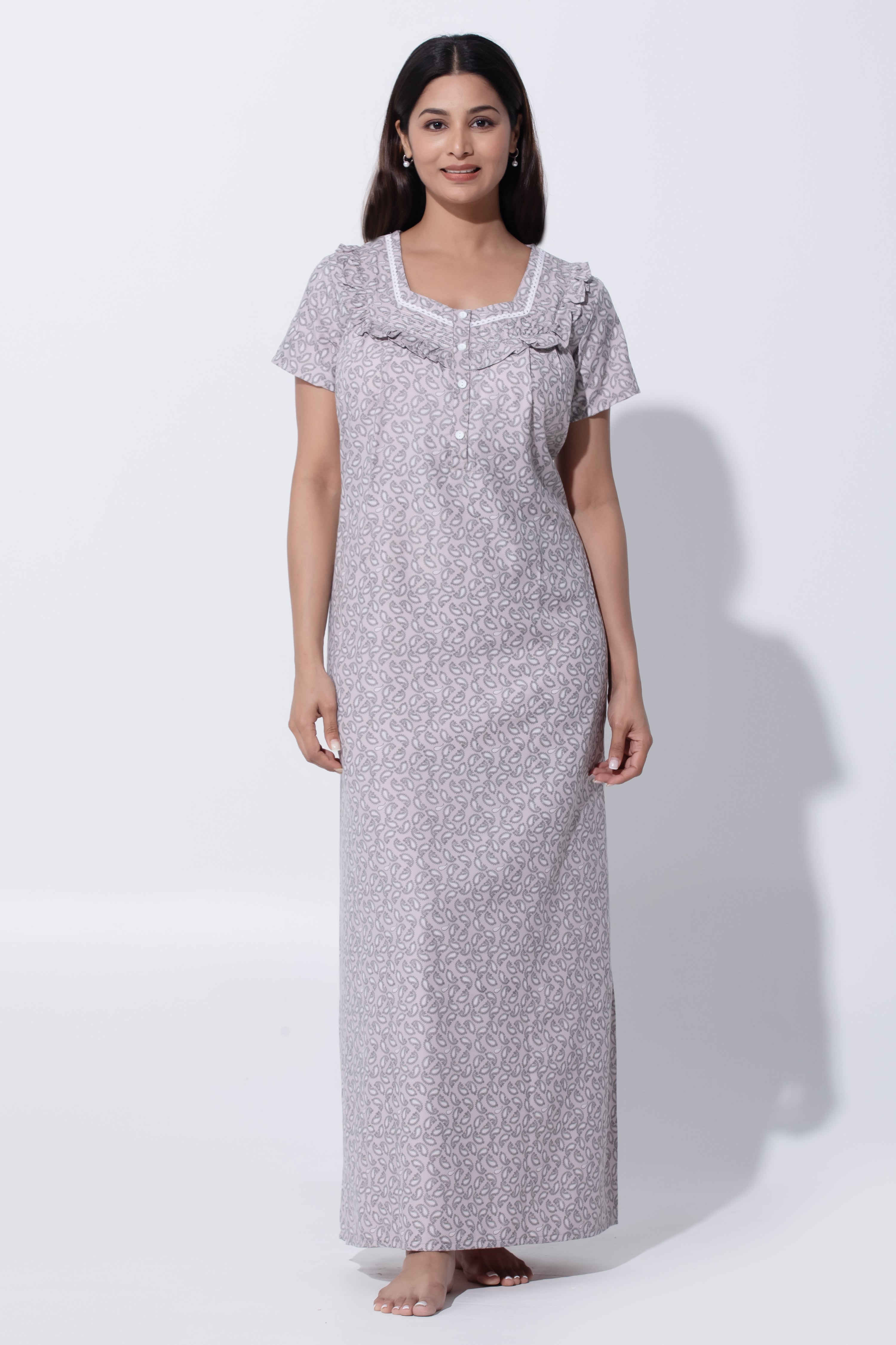 Dusty Rose Pink Nighty with Paisley & Lace Ruffled Yoke