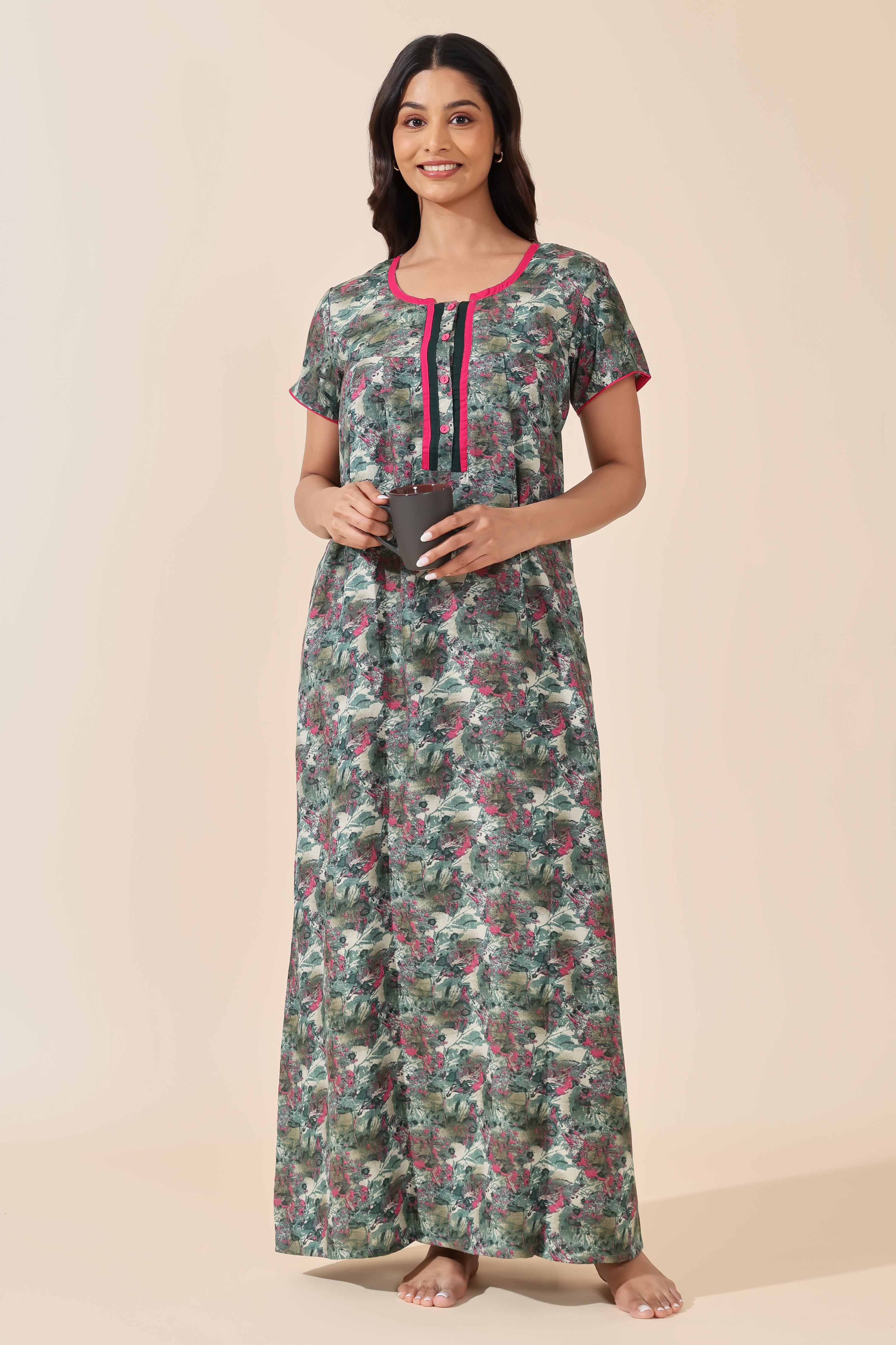 Green Abstract Floral Printed Cotton Nightwear