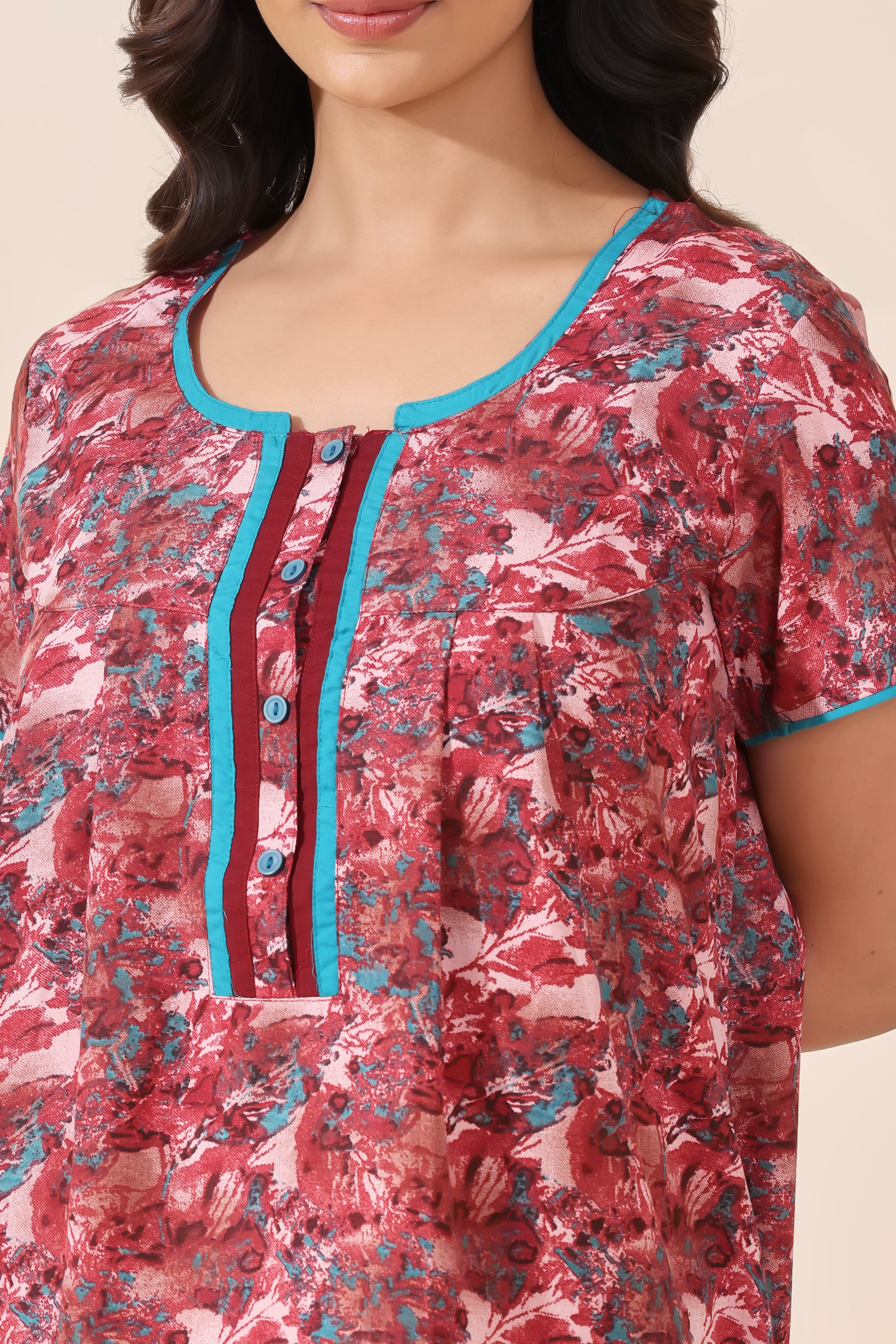 Red Abstract Floral Printed Cotton Nightwear