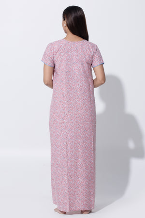 Pink Floral Cotton Nighty with Front Button Closure