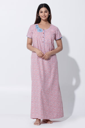 Pink Floral Cotton Nighty with Front Button Closure