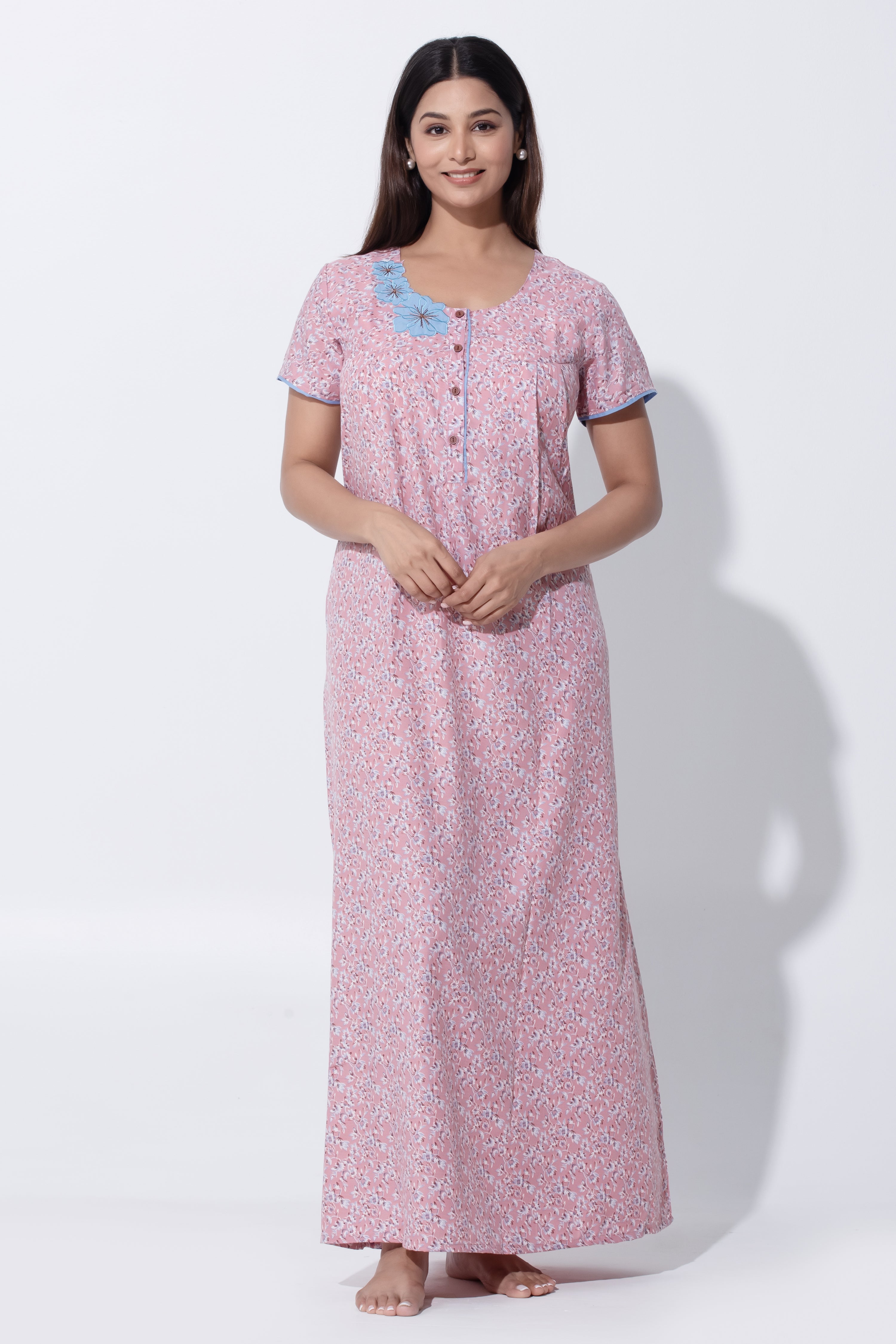 Pink Floral Cotton Nighty with Front Button Closure