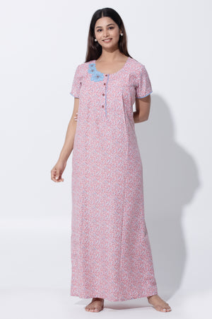 Pink Floral Cotton Nighty with Front Button Closure