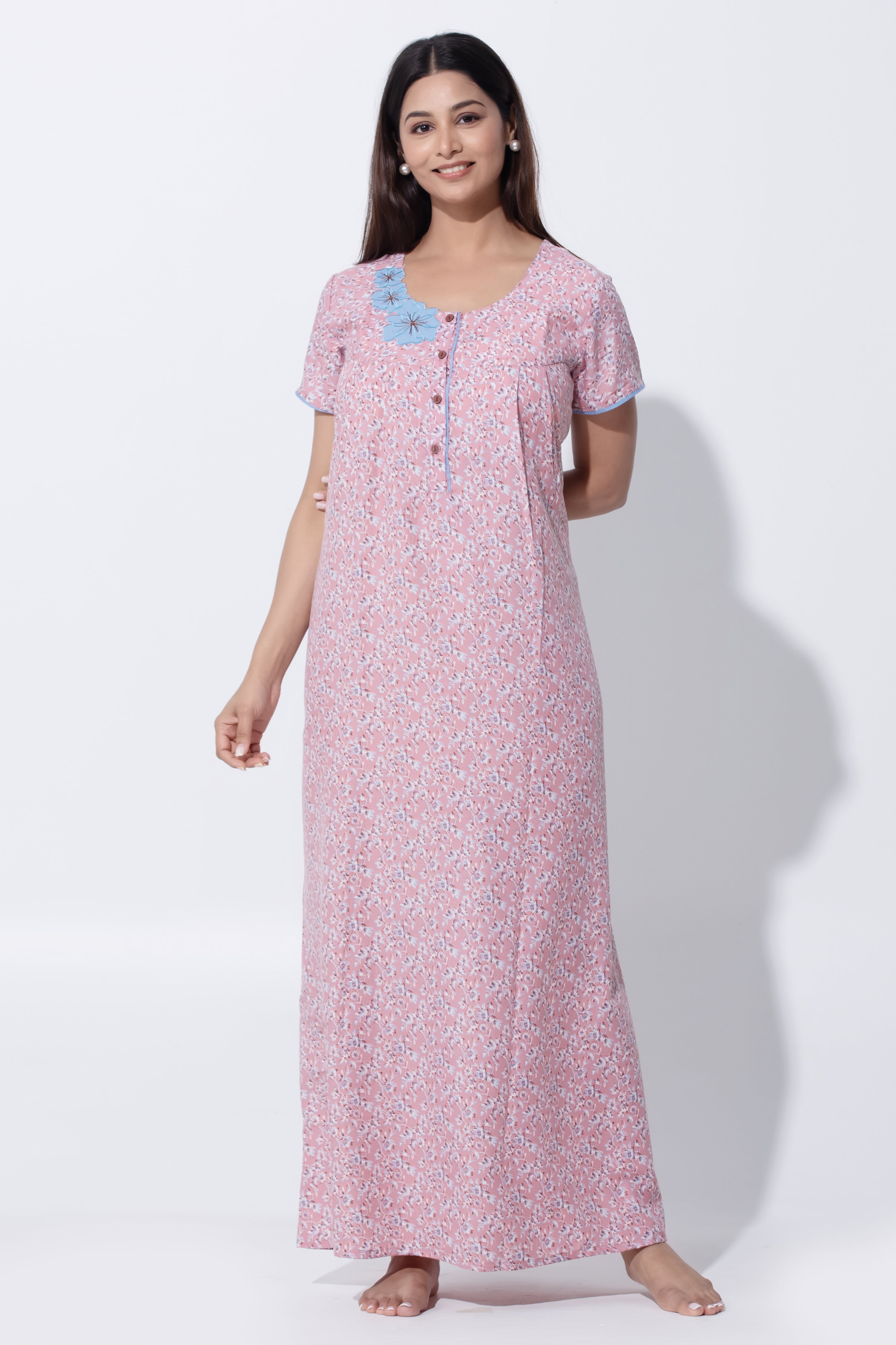 Pink Floral Cotton Nighty with Front Button Closure