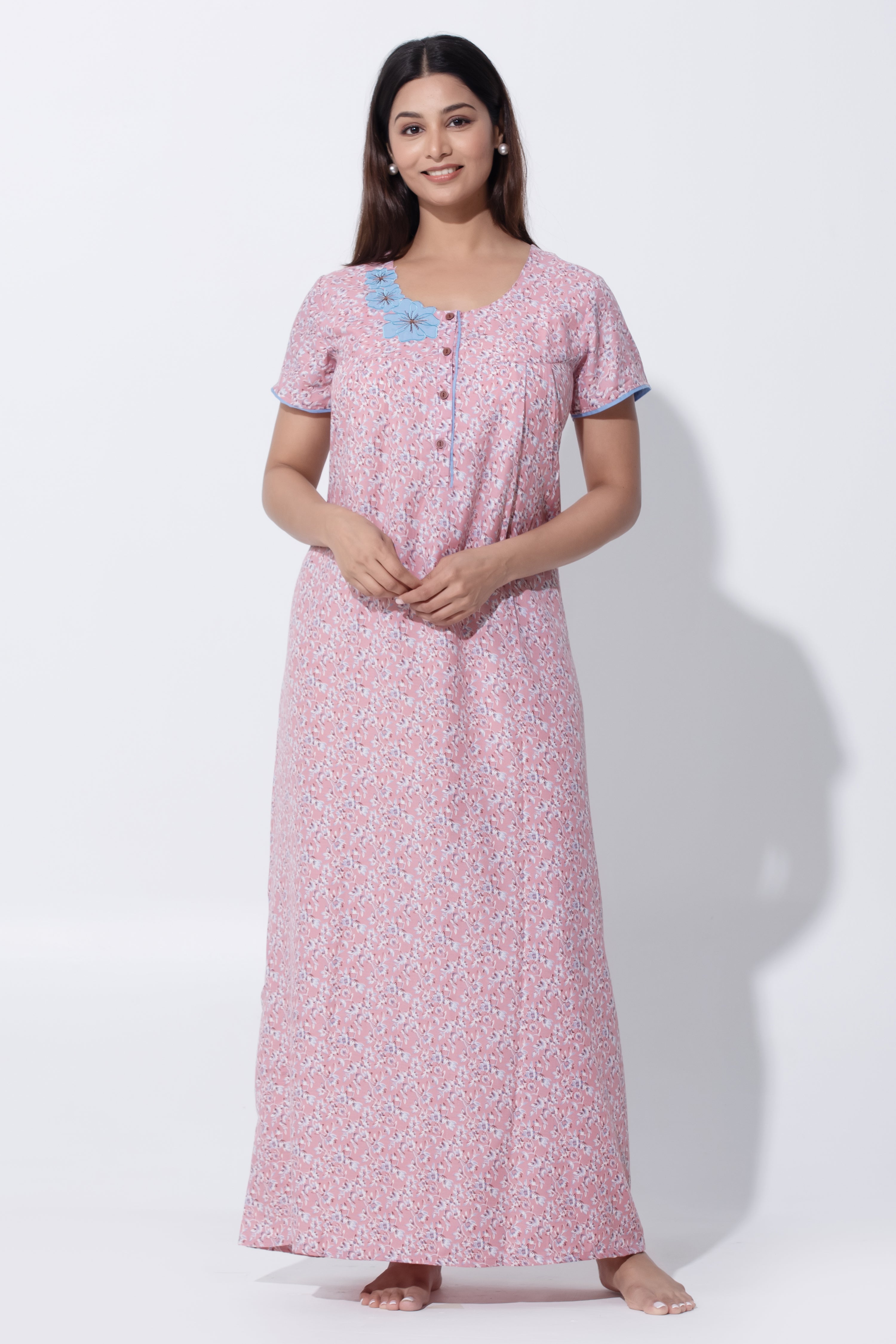 Pink Floral Cotton Nighty with Front Button Closure