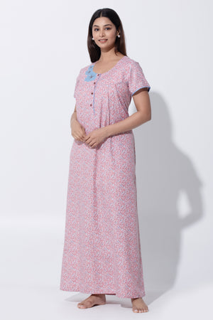 Pink Floral Cotton Nighty with Front Button Closure