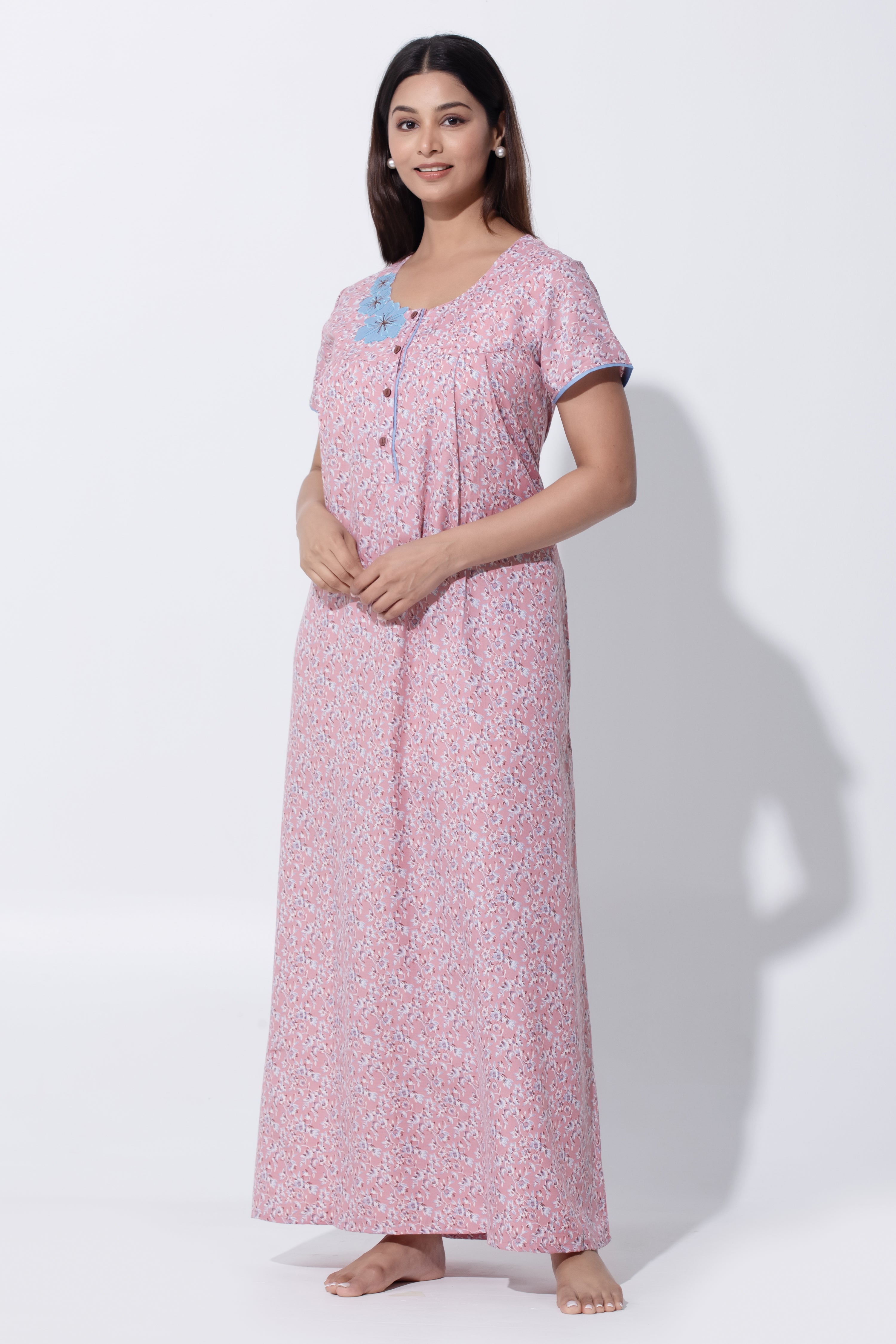 Pink Floral Cotton Nighty with Front Button Closure
