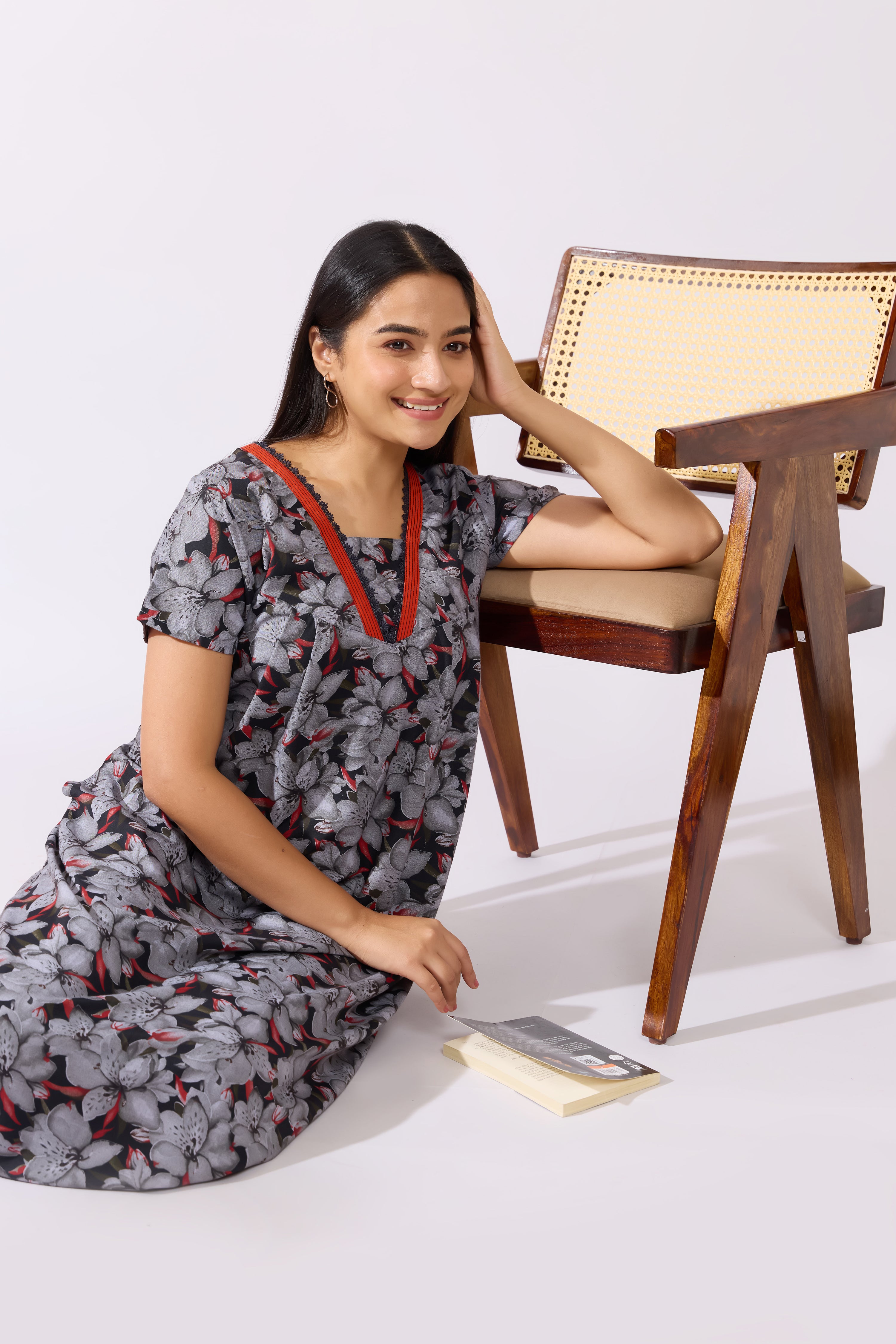 Floral Printed Black Nighty with Lace Embellished Neckline