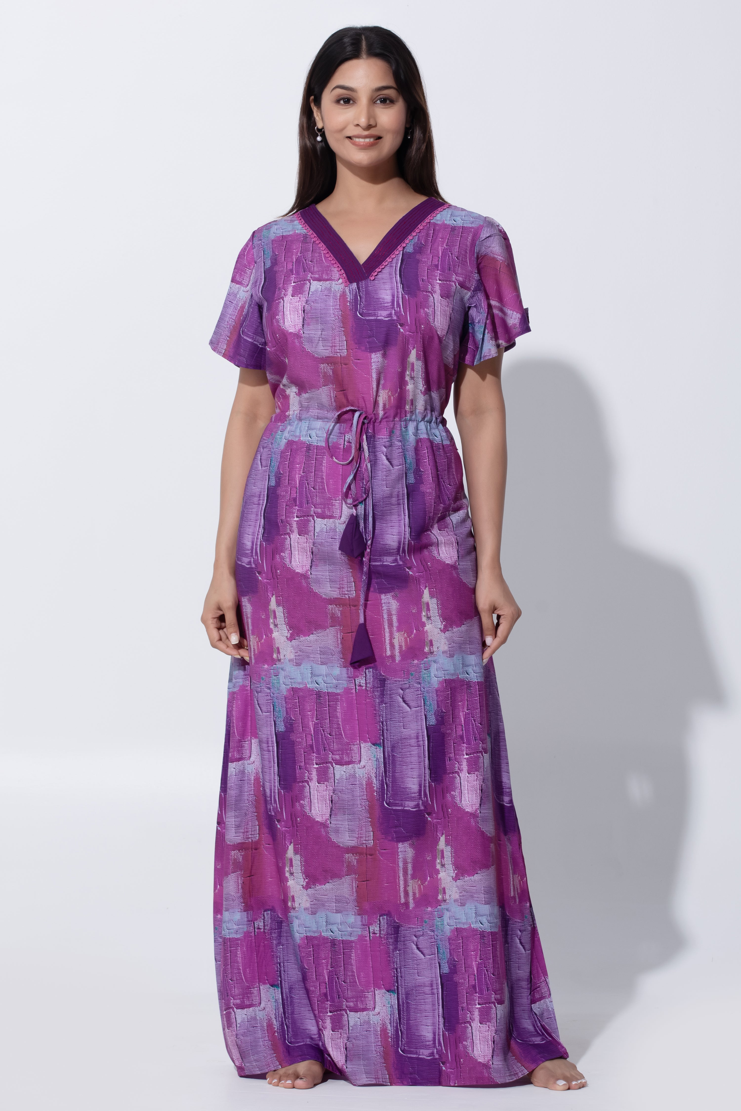 Purple Abstract Print Nighty with Lace Yoke