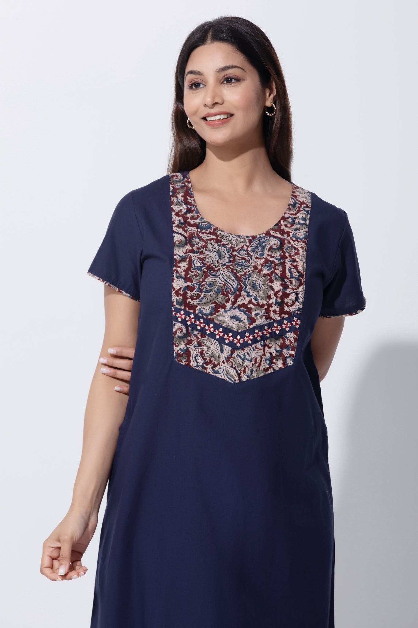 Navy Blue Cotton Nightwear with Kalamkari Yoke