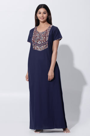 Navy Blue Cotton Nightwear with Kalamkari Yoke