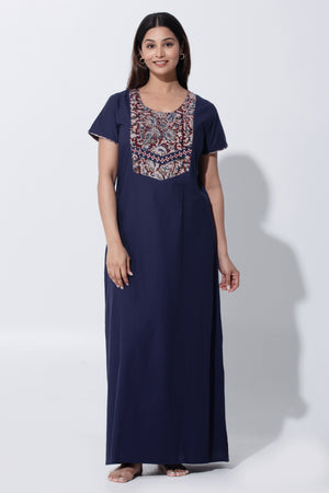 Navy Blue Cotton Nightwear with Kalamkari Yoke
