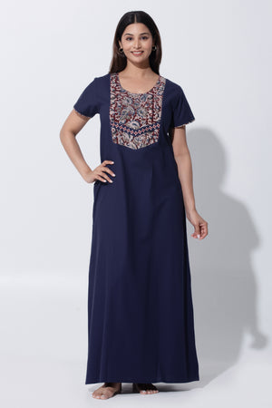 Navy Blue Cotton Nightwear with Kalamkari Yoke