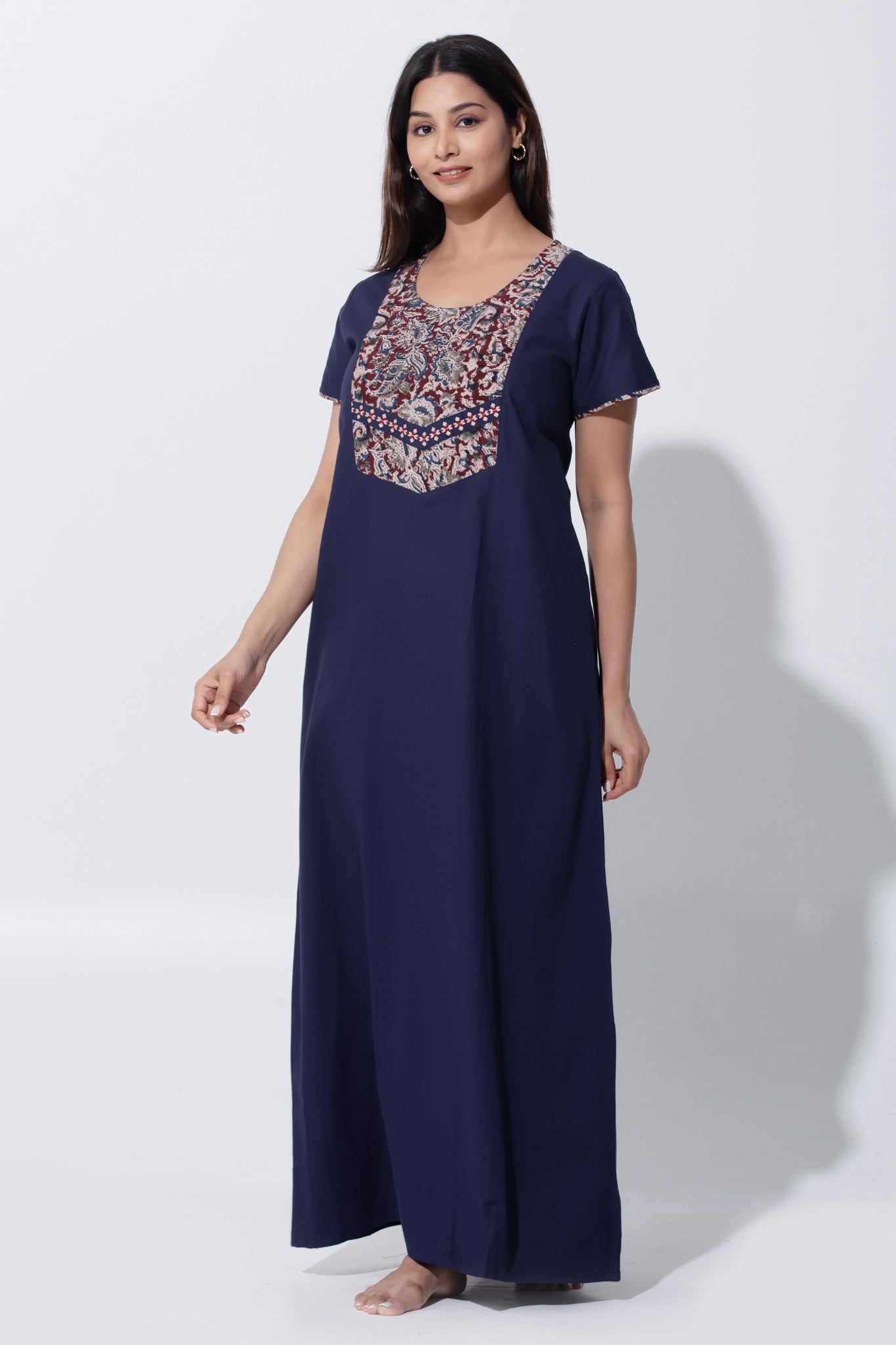 Navy Blue Cotton Nightwear with Kalamkari Yoke