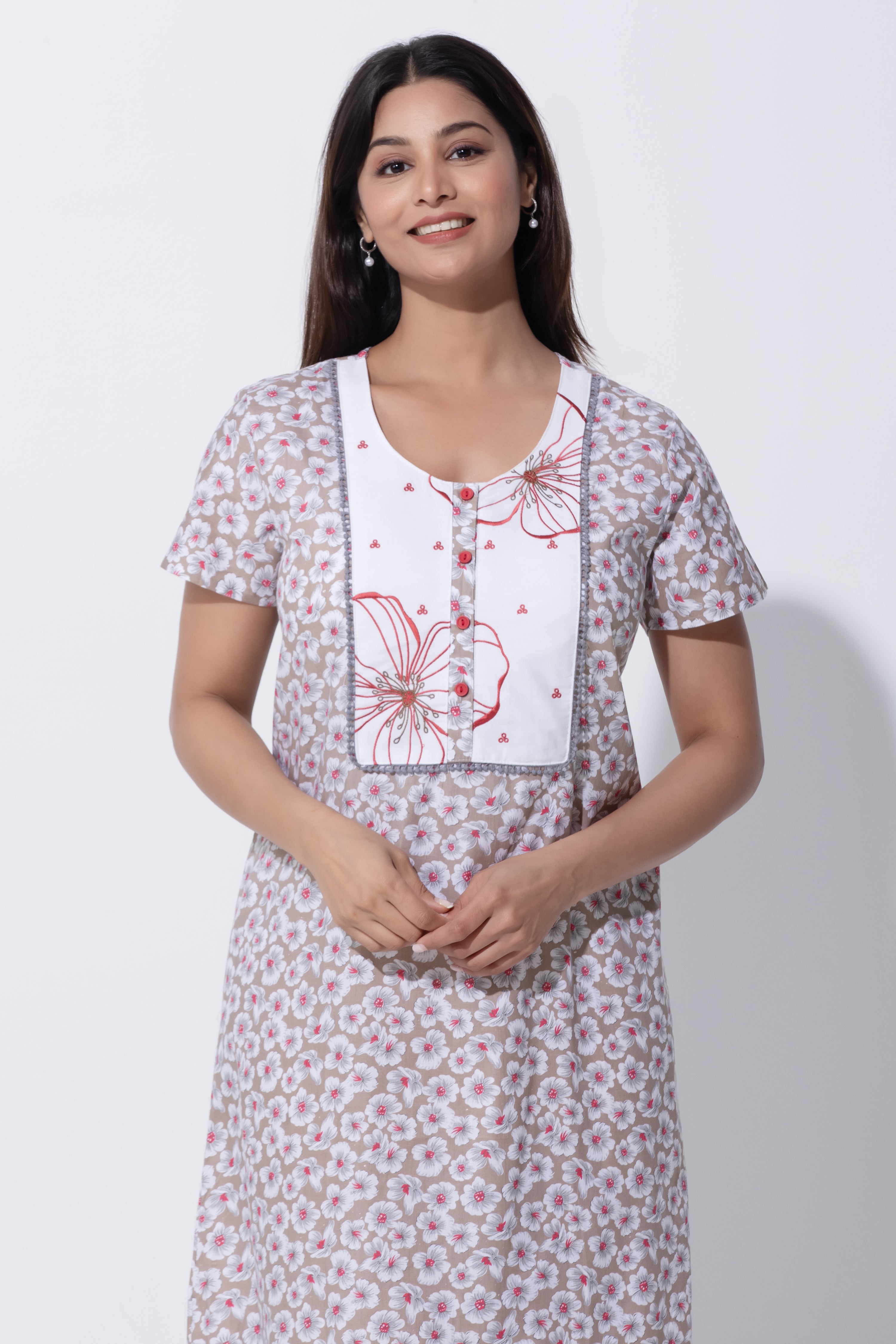 Beige Nighty with Floral Print & Embroidered Yoke