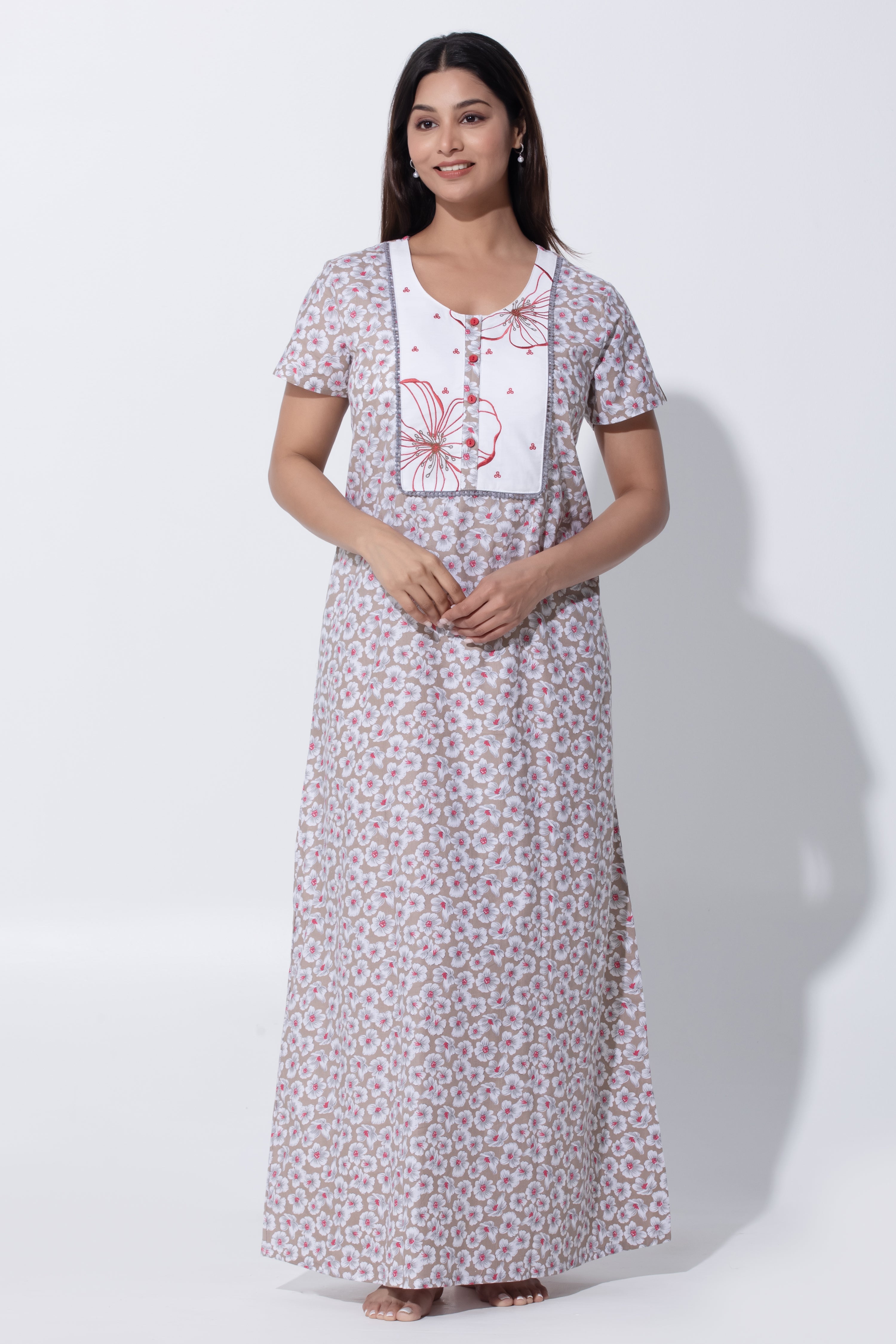 Beige Nighty with Floral Print & Embroidered Yoke