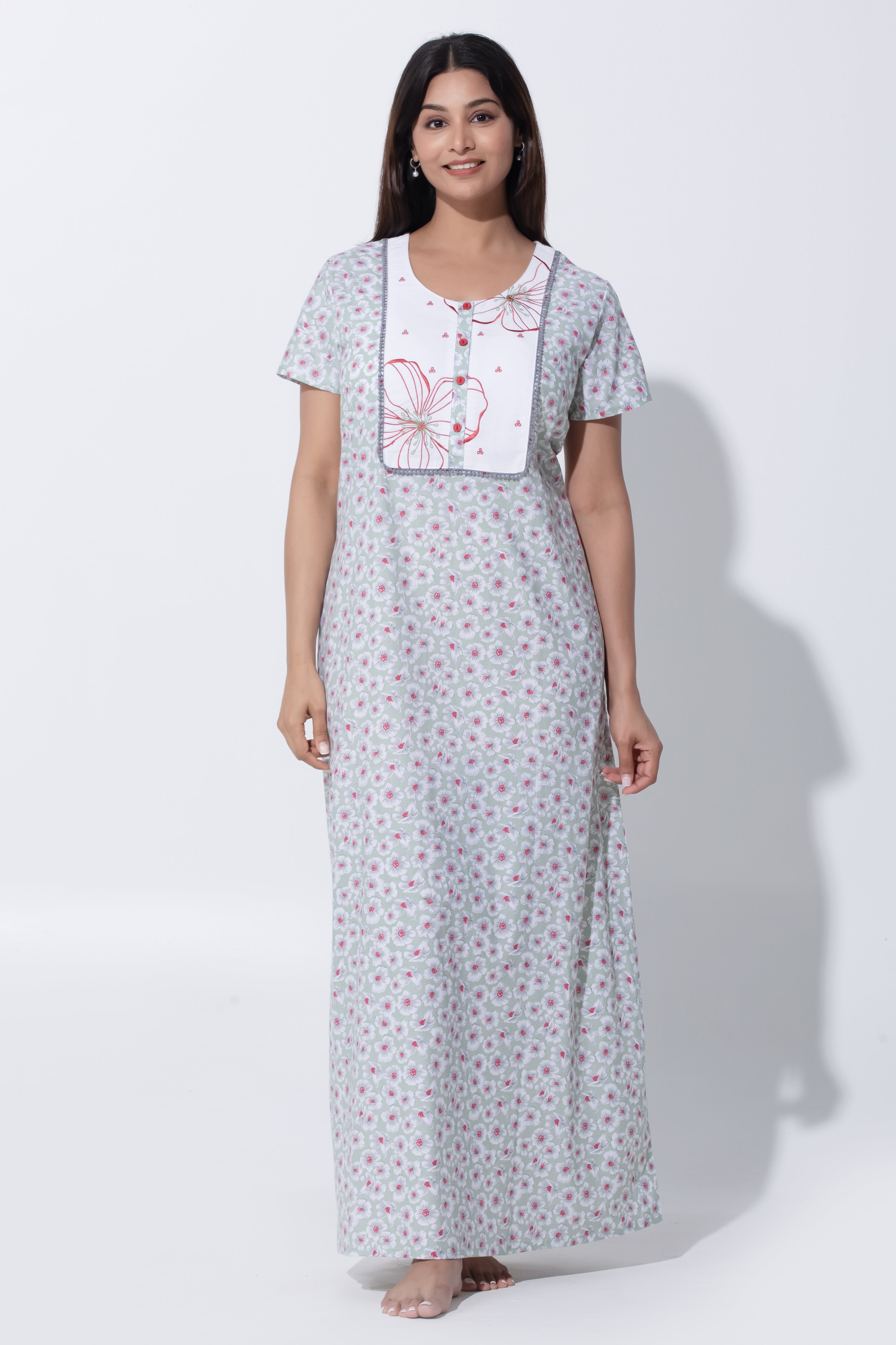 Pastel Green Nighty with Floral Print & Embroidered Yoke