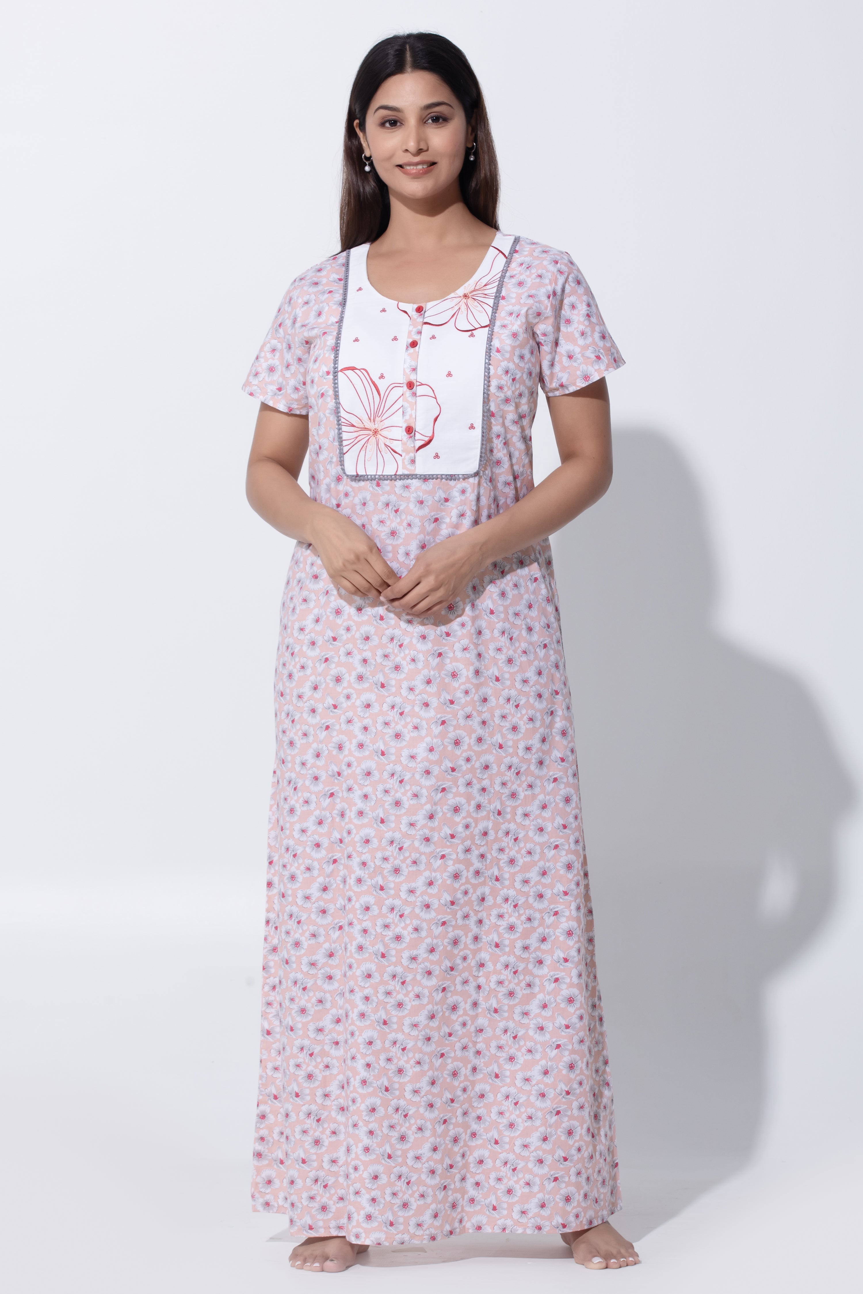 Peach Nighty with Floral Print & Embroidered Yoke