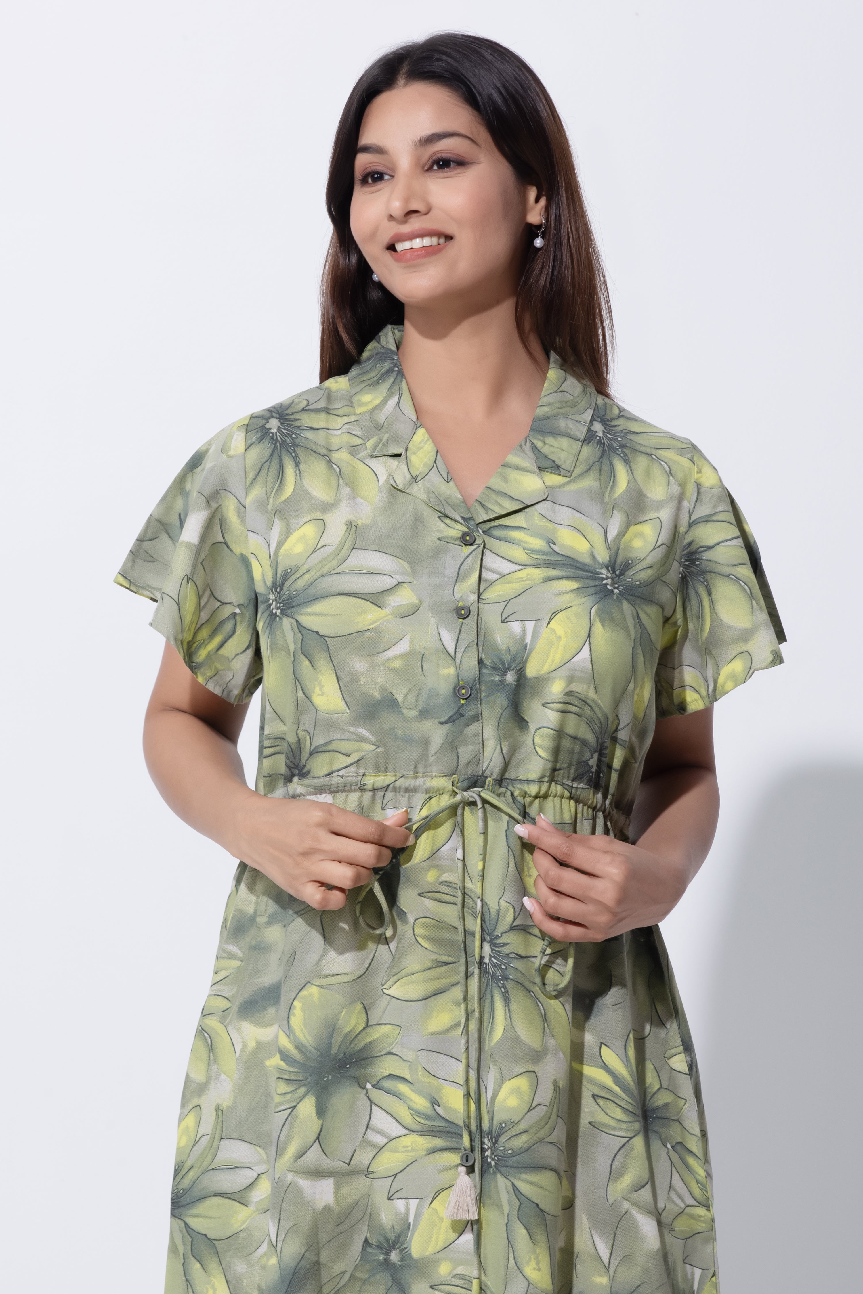 Green Floral Printed Nighty with Adjustable Waist Tie & Notched Collar Neck