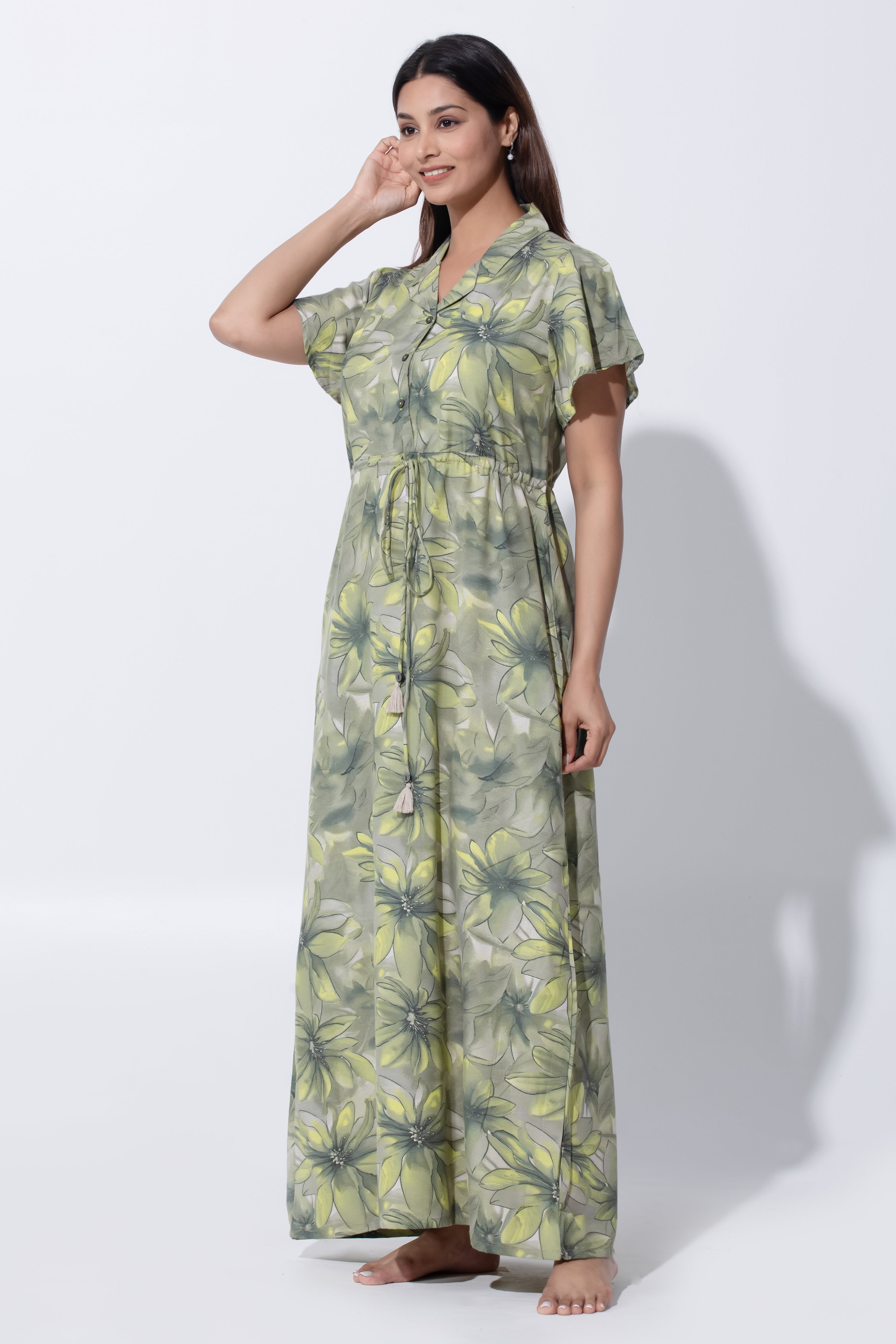 Green Floral Printed Nighty with Adjustable Waist Tie & Notched Collar Neck