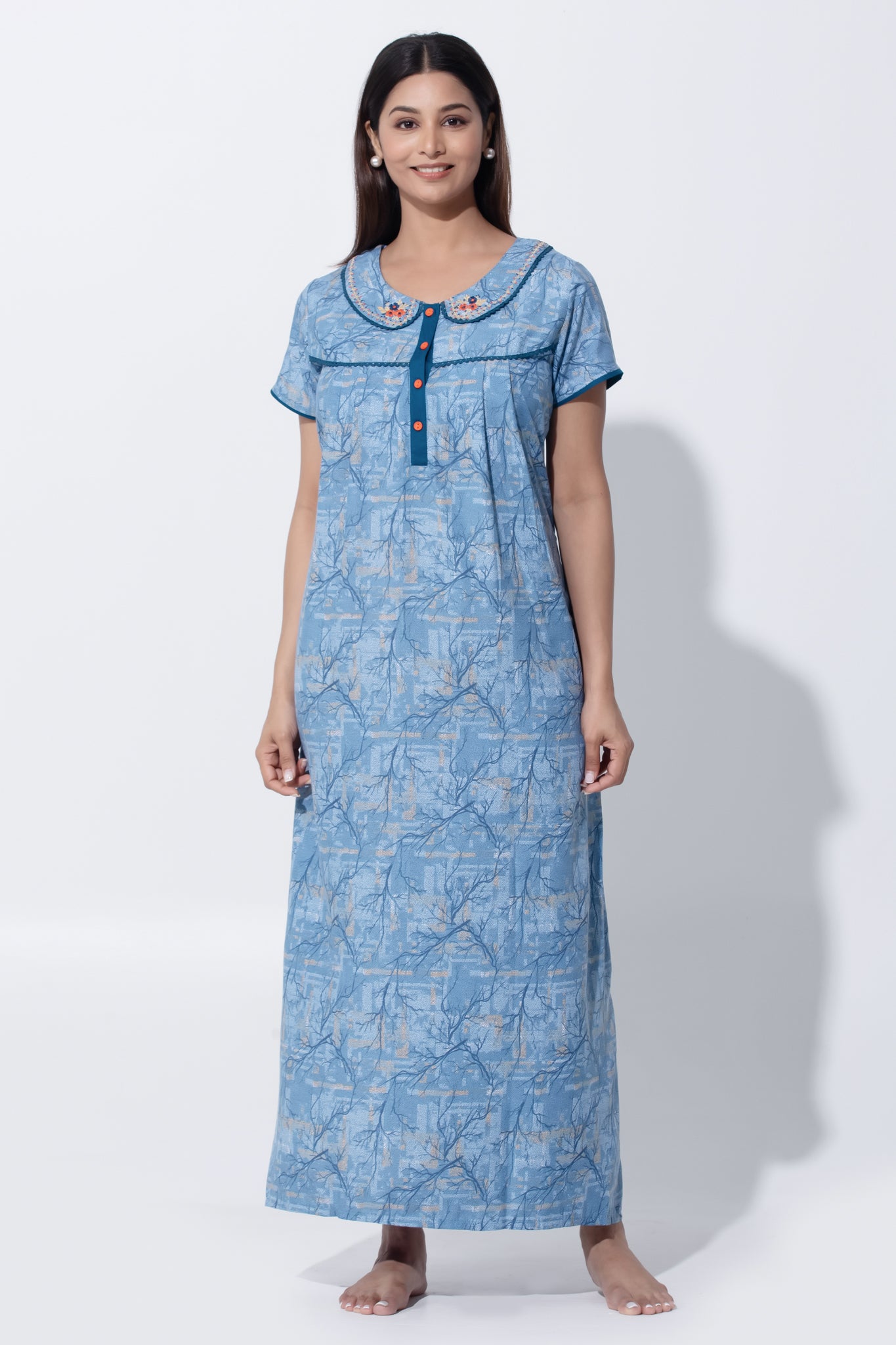 Blue Soft Nighty with Embroidered Peter Pan Collar