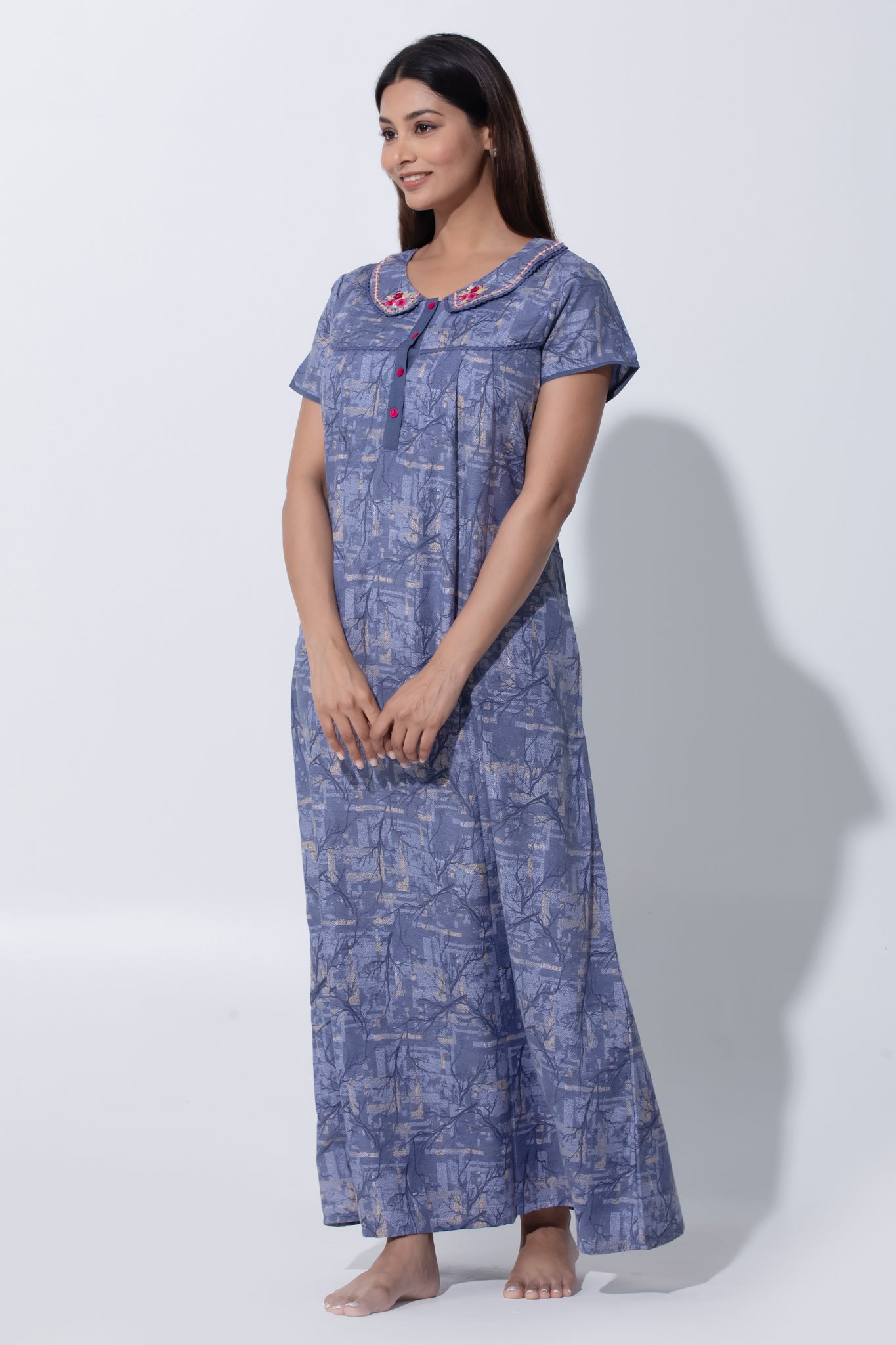 Smokey Gray Soft Nighty with Embroidered Peter Pan Collar