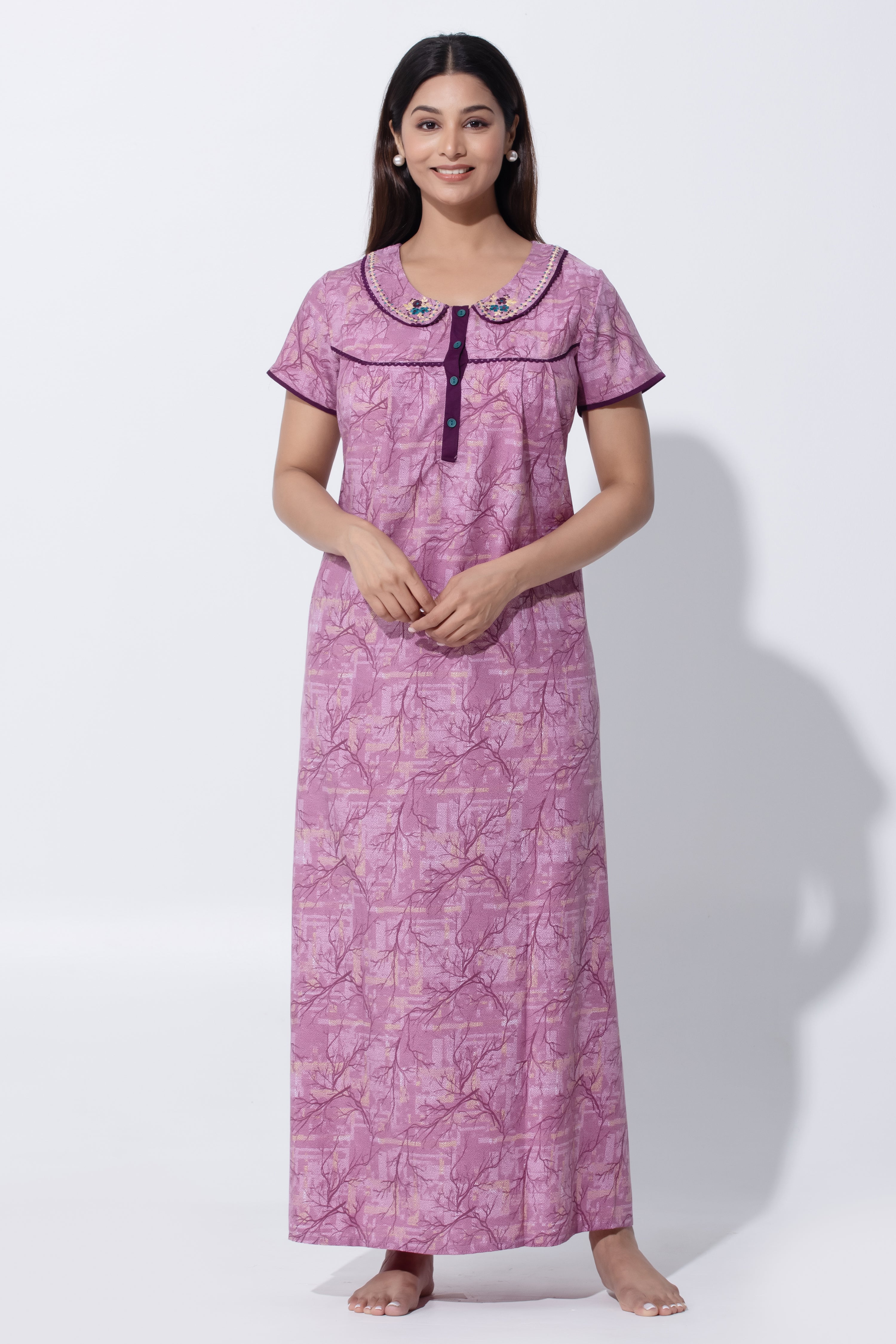 Purple Soft Nighty with Embroidered Peter Pan Collar