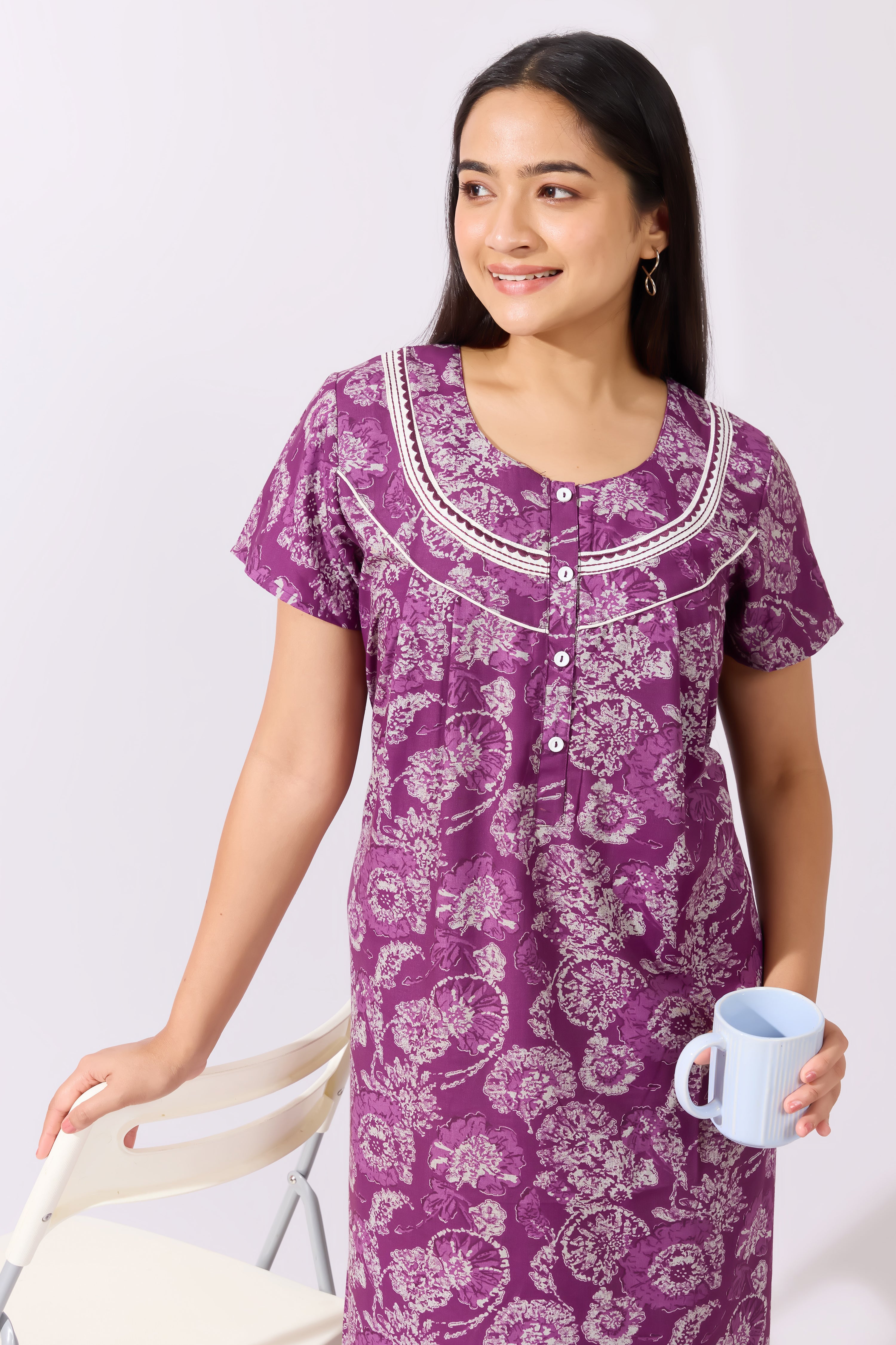 Floral Printed Purple Nighty with Embroidered Yoke