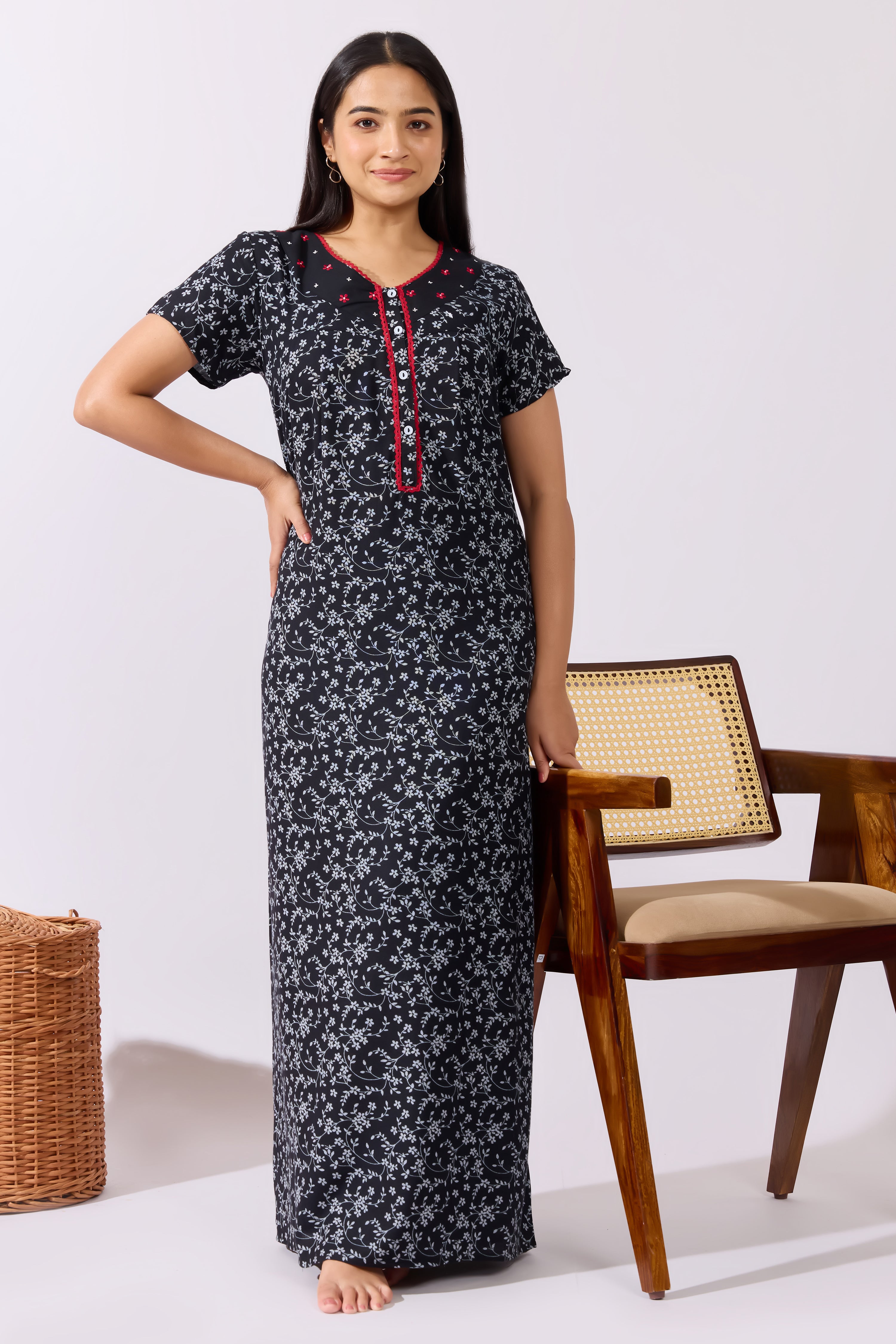 Ditsy Floral Printed Black Nighty with Front Open Button