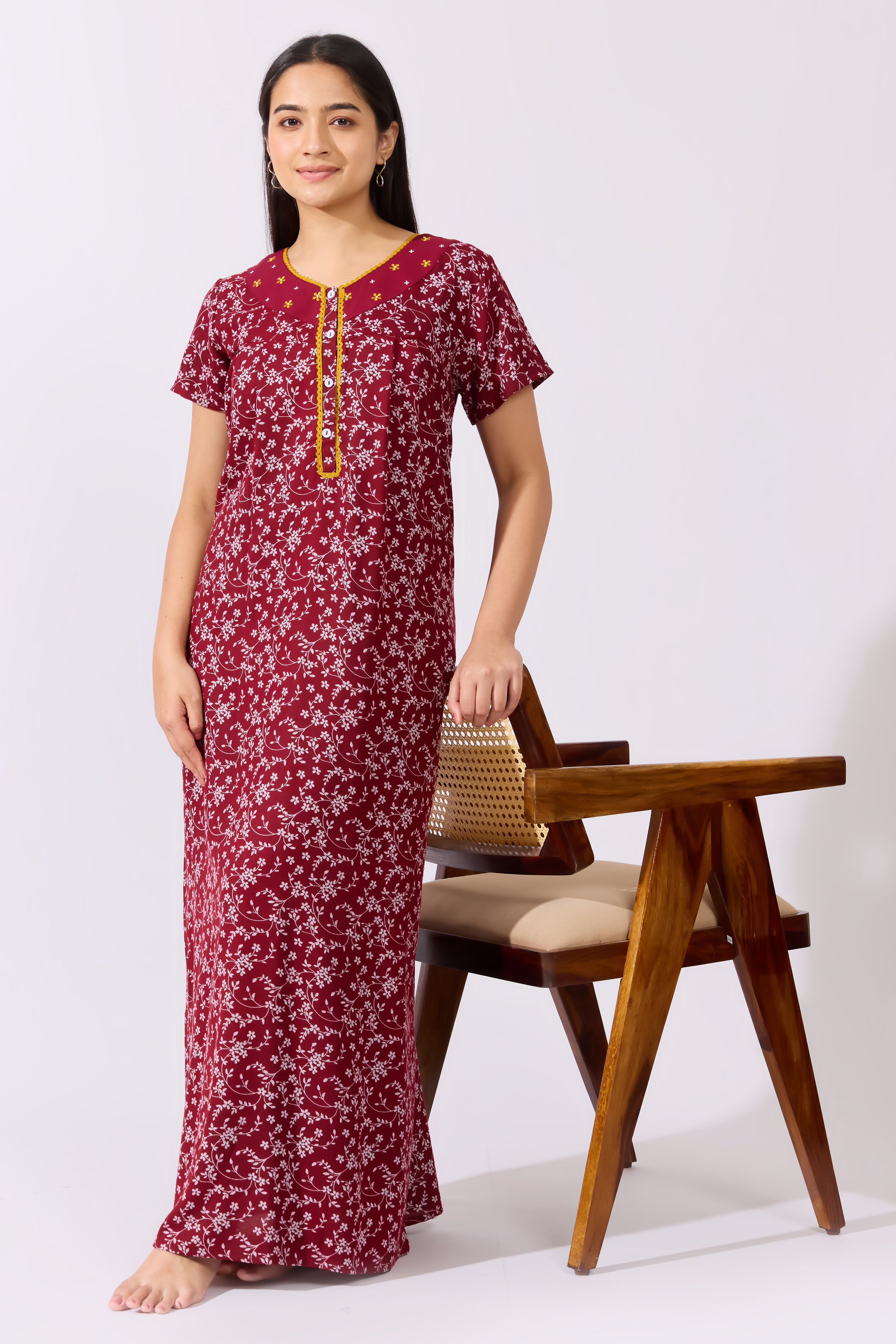 Ditsy Floral Printed Maroon Nighty with Front Open Button