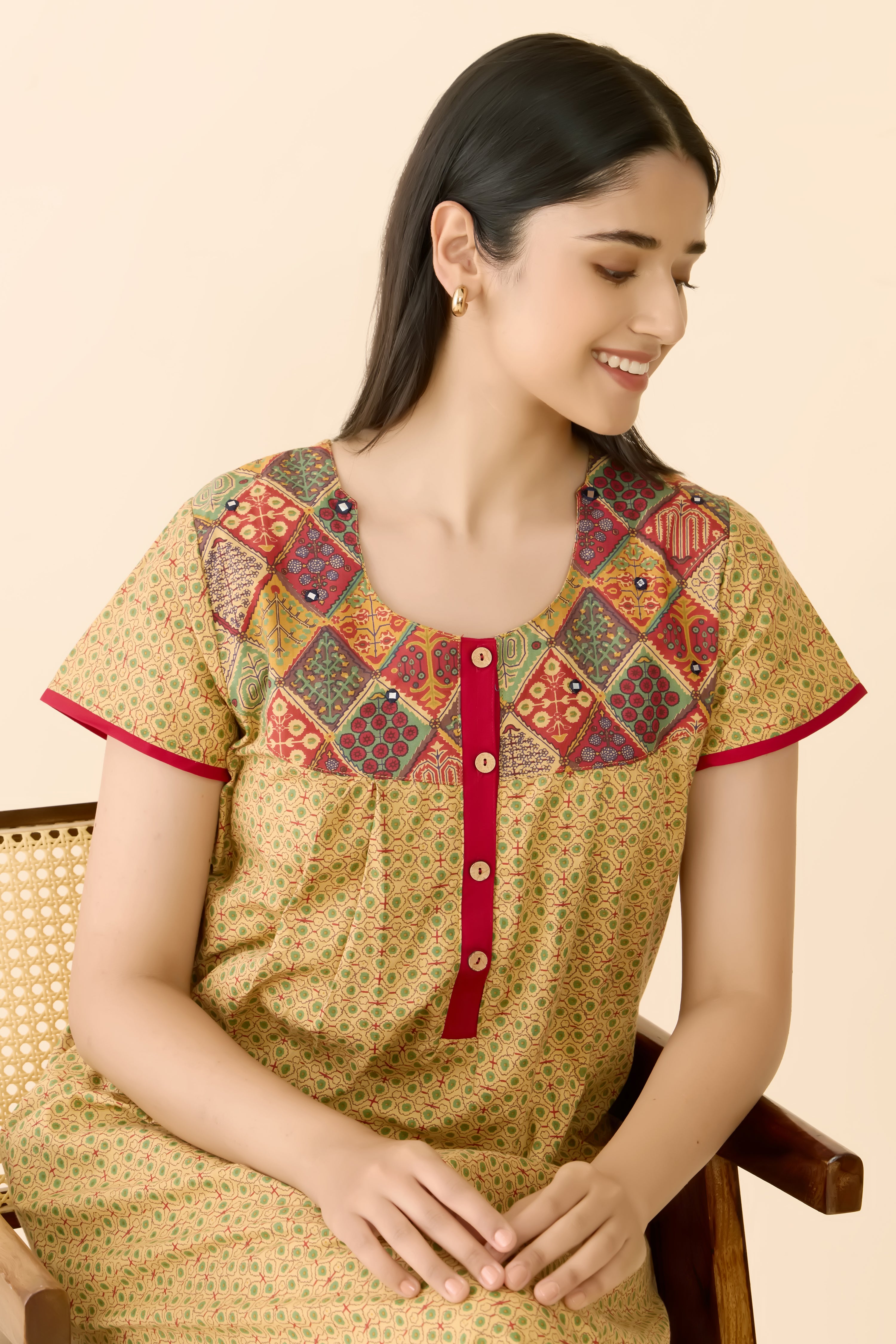 Mustard Floral Cotton Nightwear with Patchwork Yoke