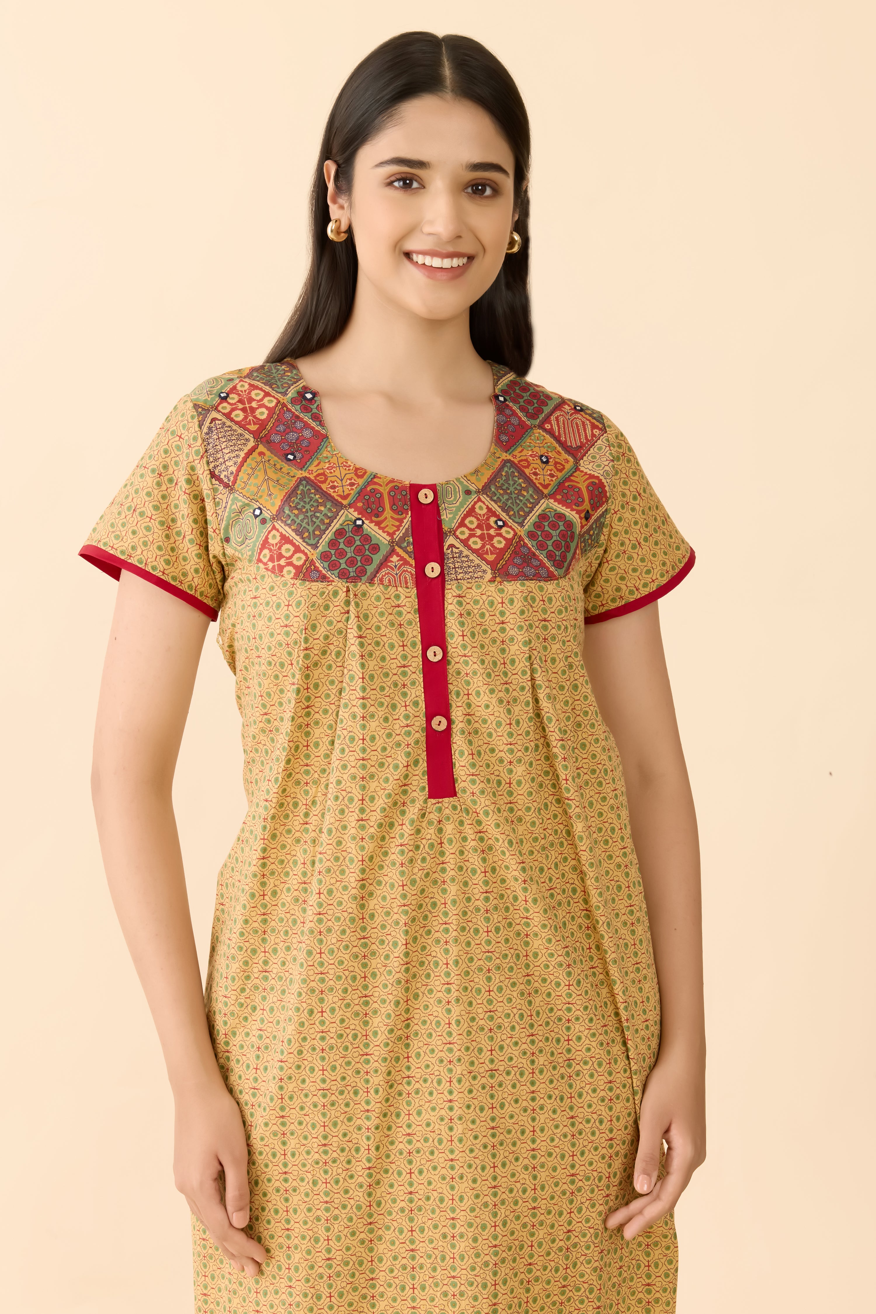 Mustard Floral Cotton Nightwear with Patchwork Yoke