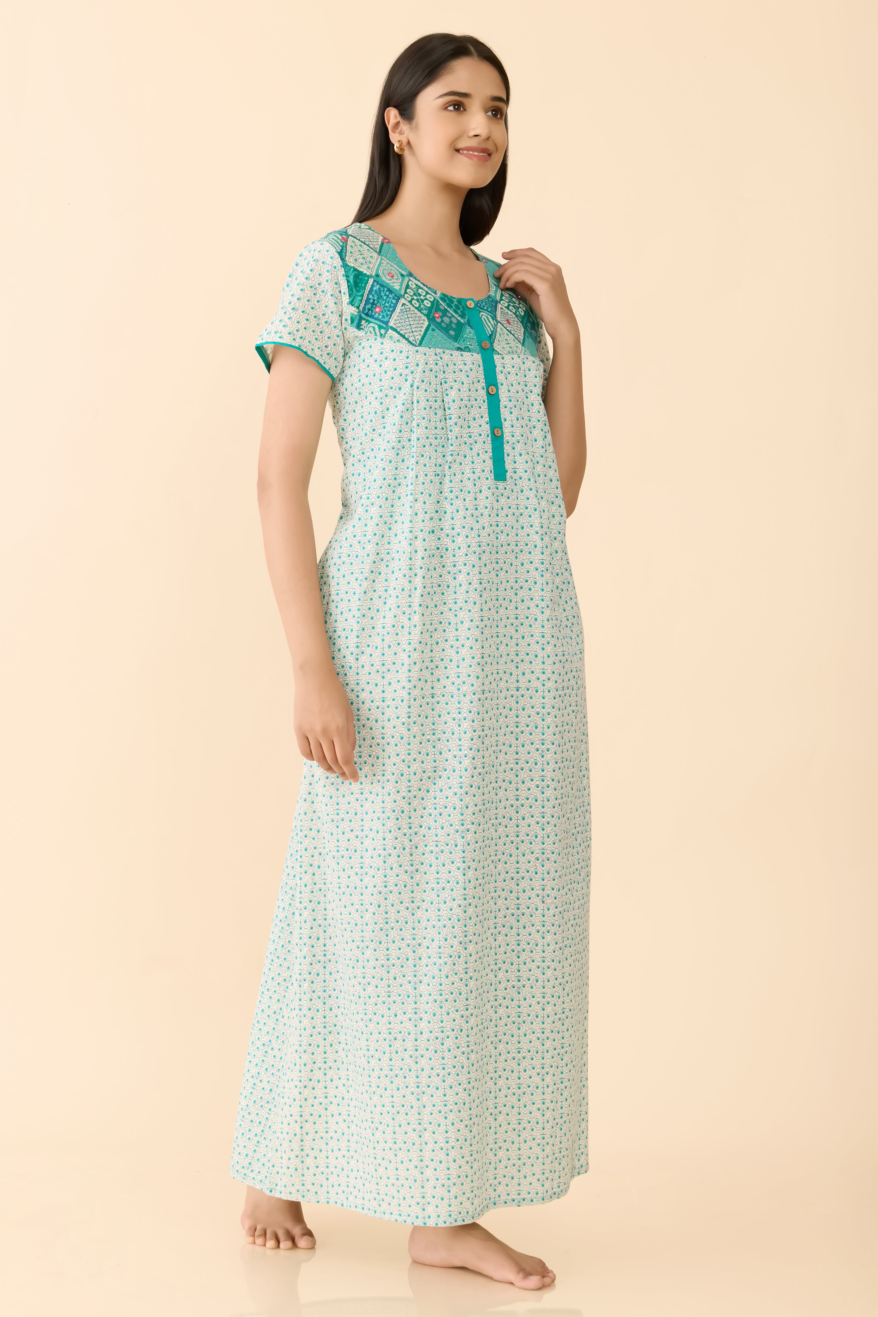 Turquoise Floral Cotton Nightwear with Patchwork Yoke
