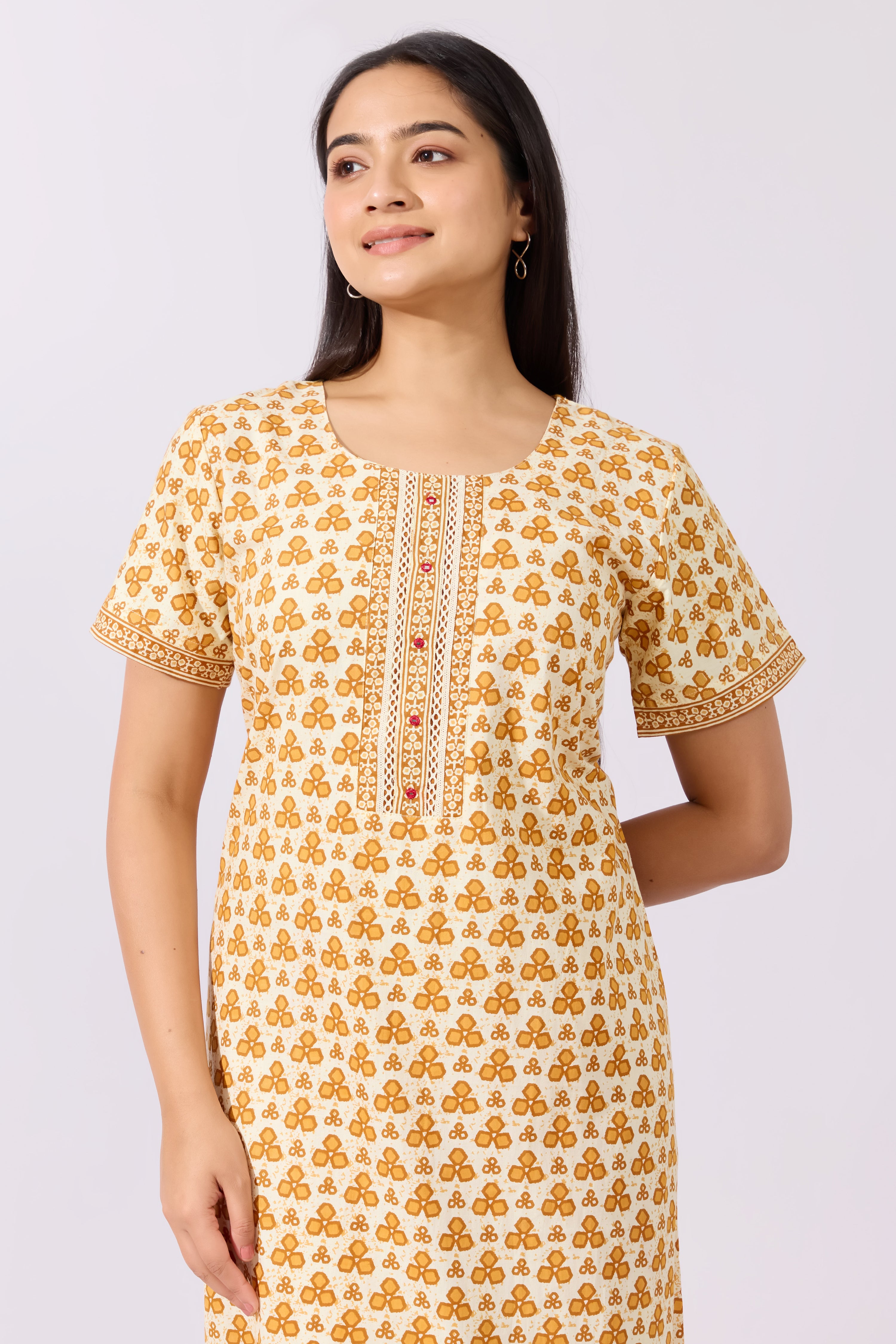 Geometry Printed Cotton Nighty with Lace Embellished Yoke