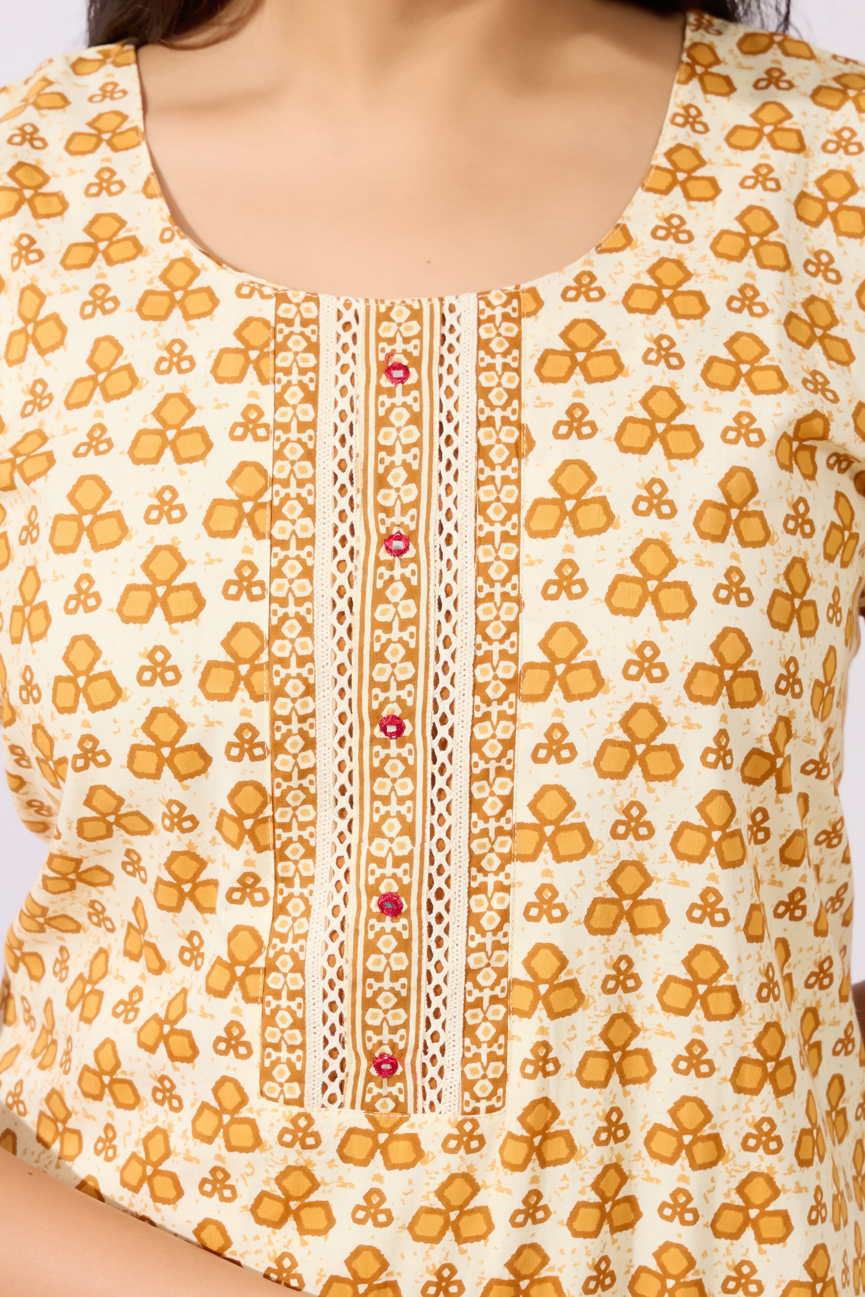 Geometry Printed Cotton Nighty with Lace Embellished Yoke