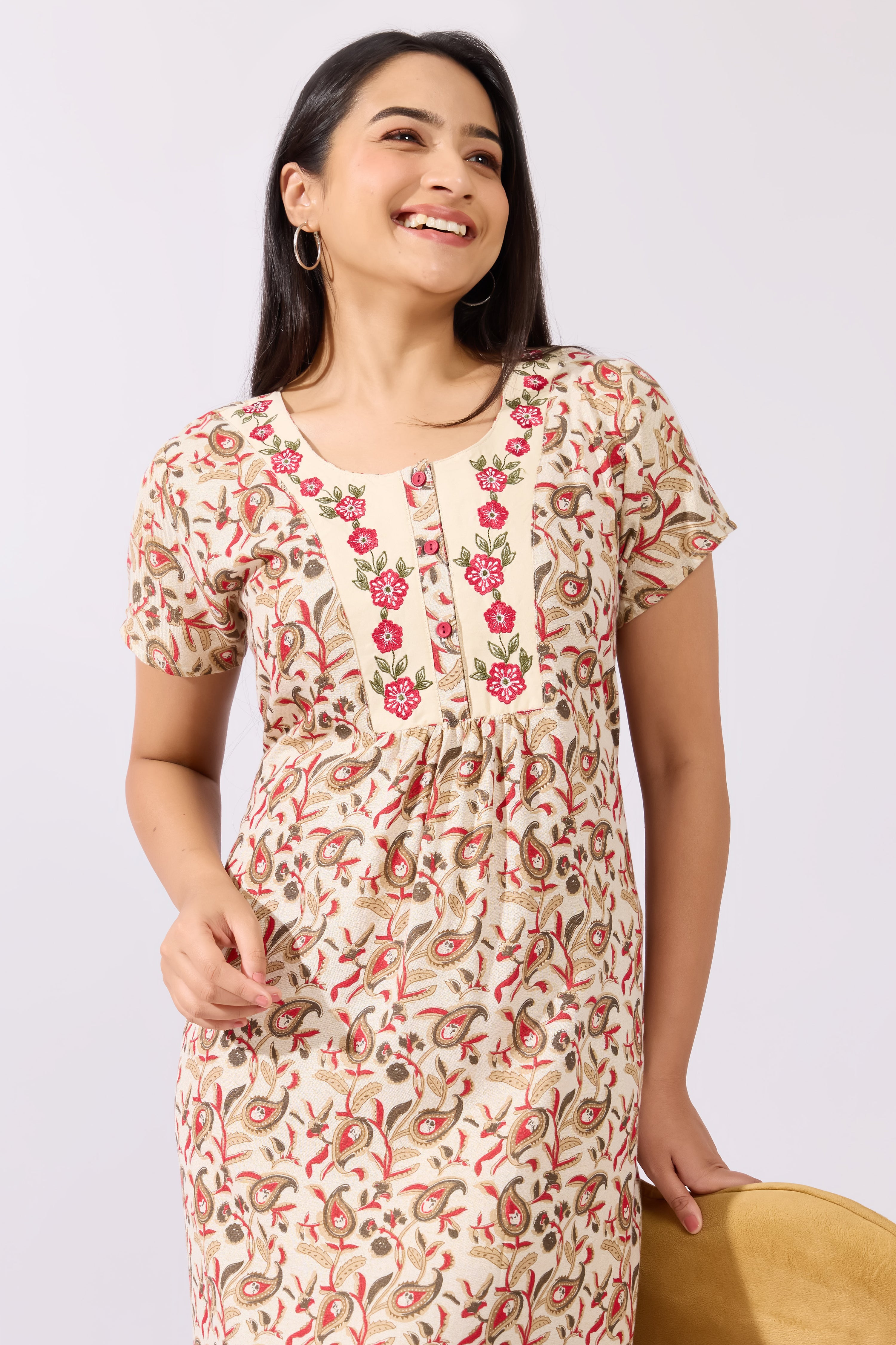 Paisley Printed Beige Nighty with Floral Embroidered Yoke