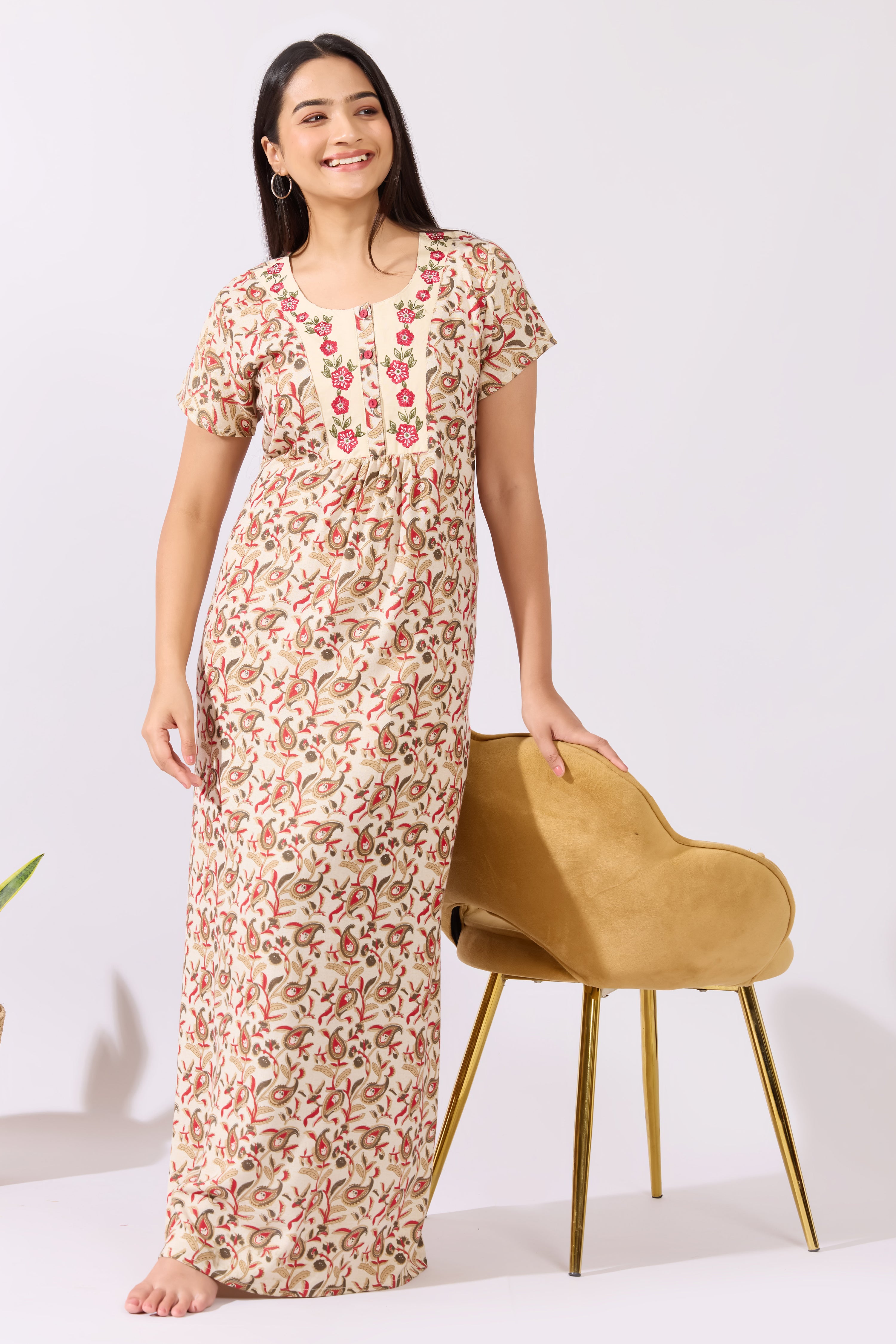 Paisley Printed Beige Nighty with Floral Embroidered Yoke