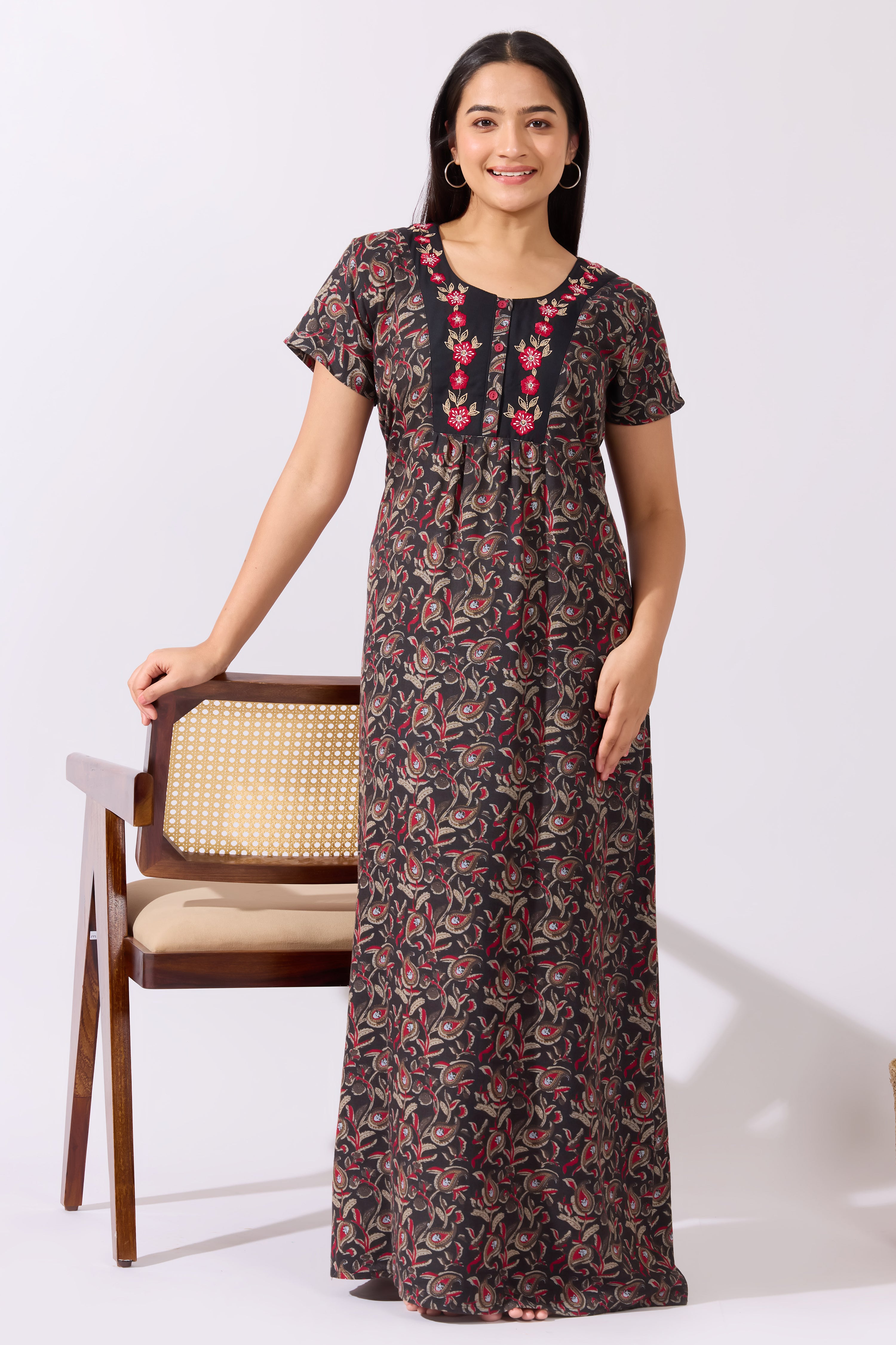 Paisley Printed Black Nighty with Floral Embroidered Yoke