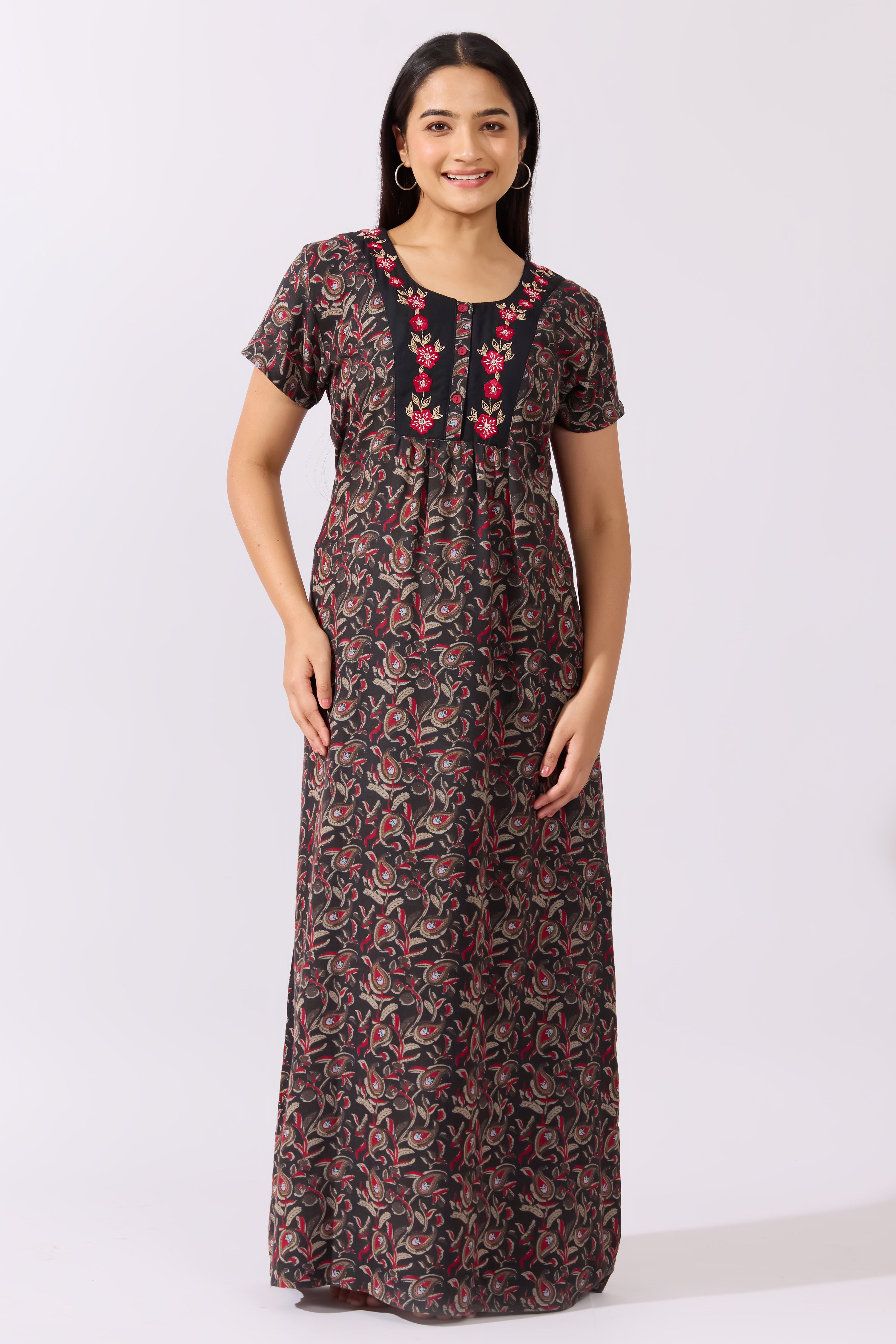 Paisley Printed Black Nighty with Floral Embroidered Yoke
