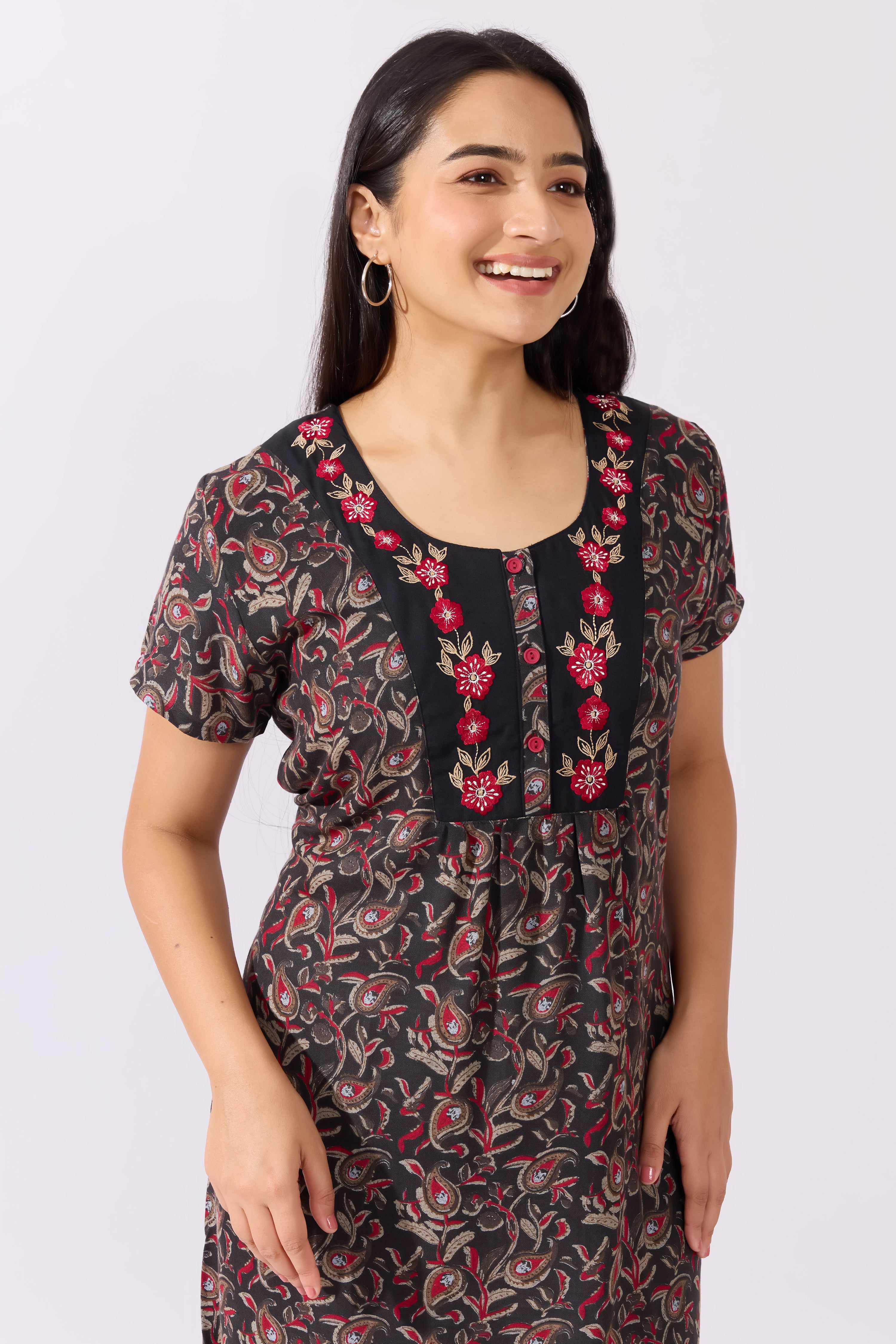 Paisley Printed Black Nighty with Floral Embroidered Yoke