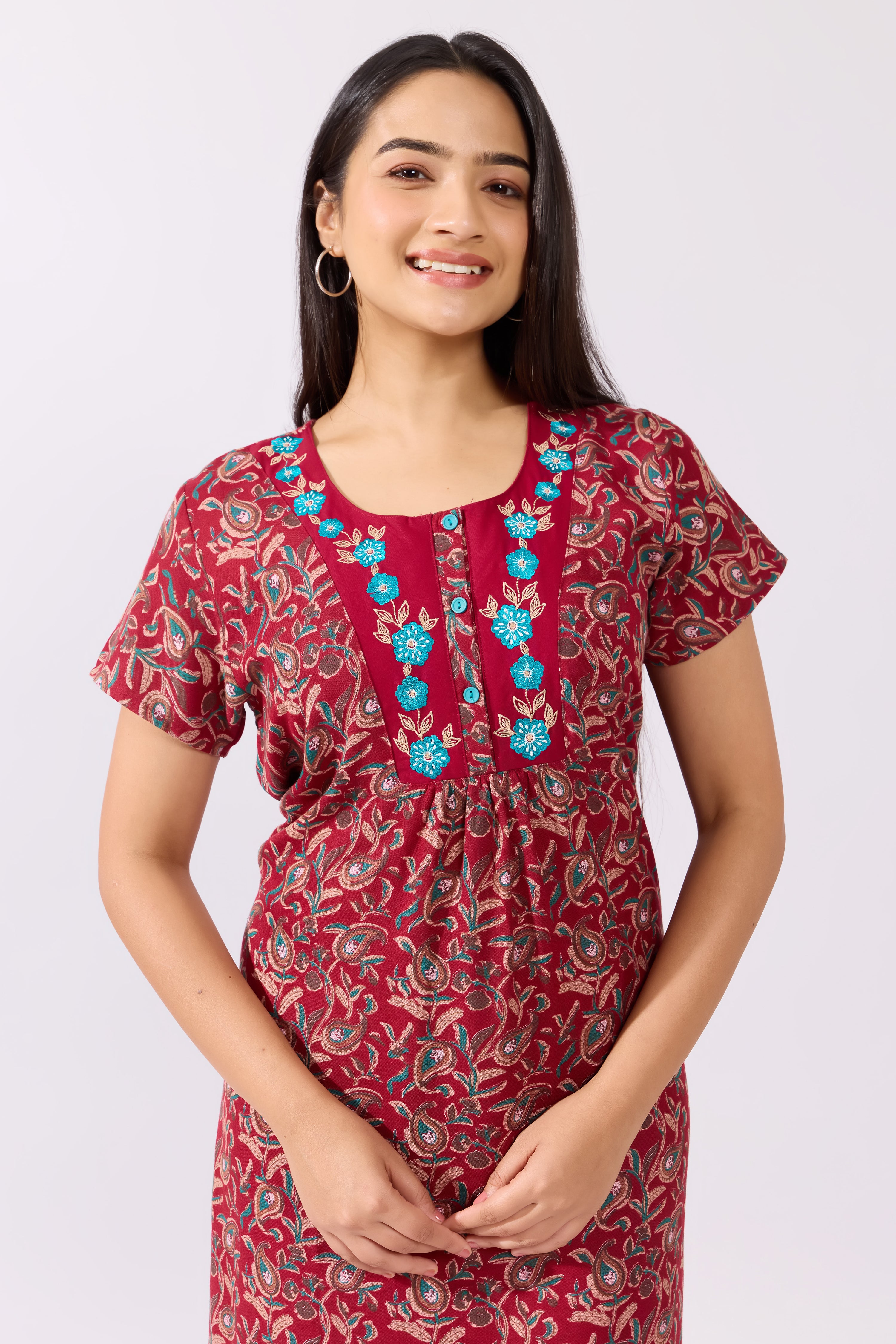 Paisley Printed Maroon Nighty with Floral Embroidered Yoke