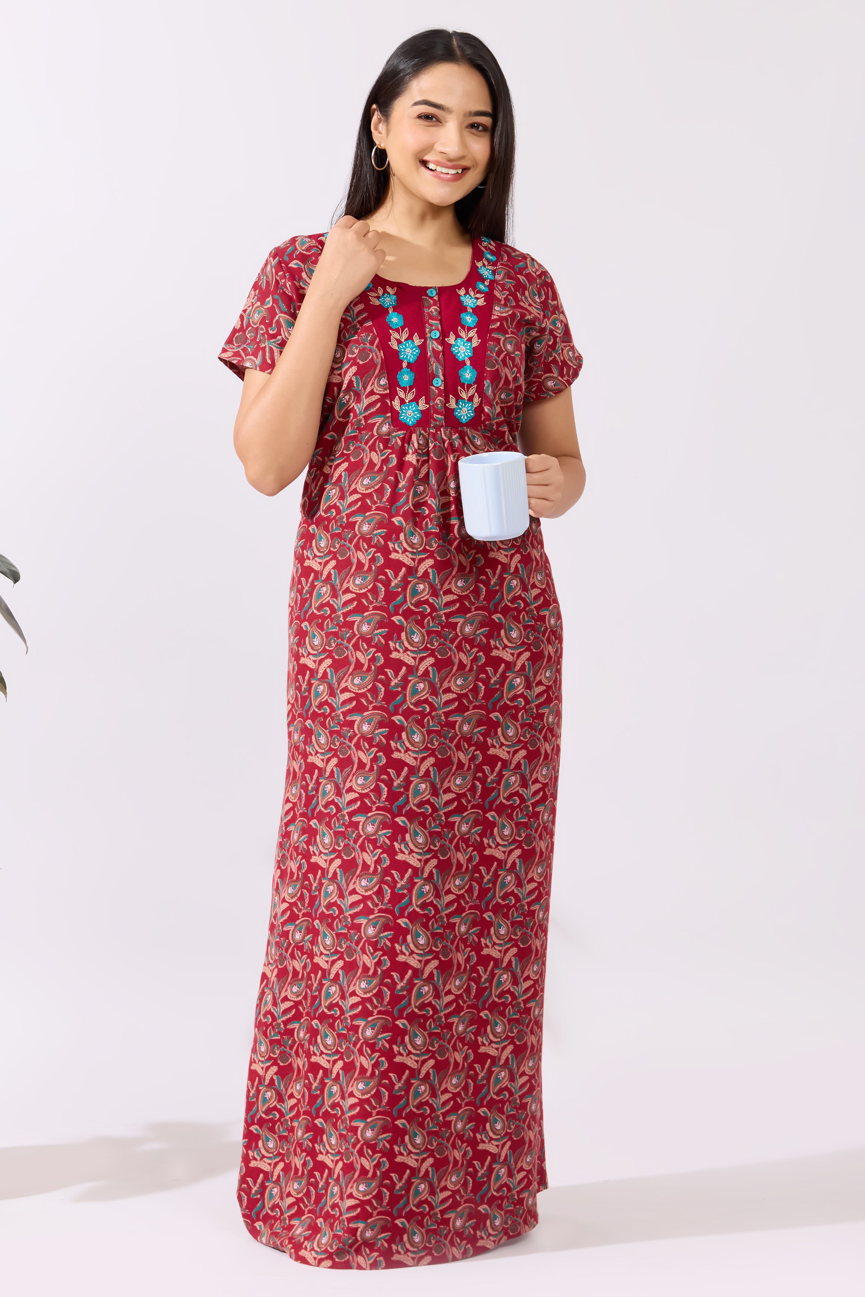Paisley Printed Maroon Nighty with Floral Embroidered Yoke