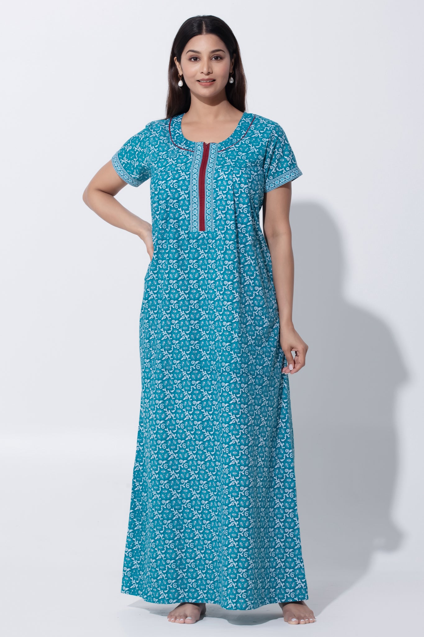 Blue Buttis Printed  Nighty with Embroidered Yoke & Foil Mirror Work