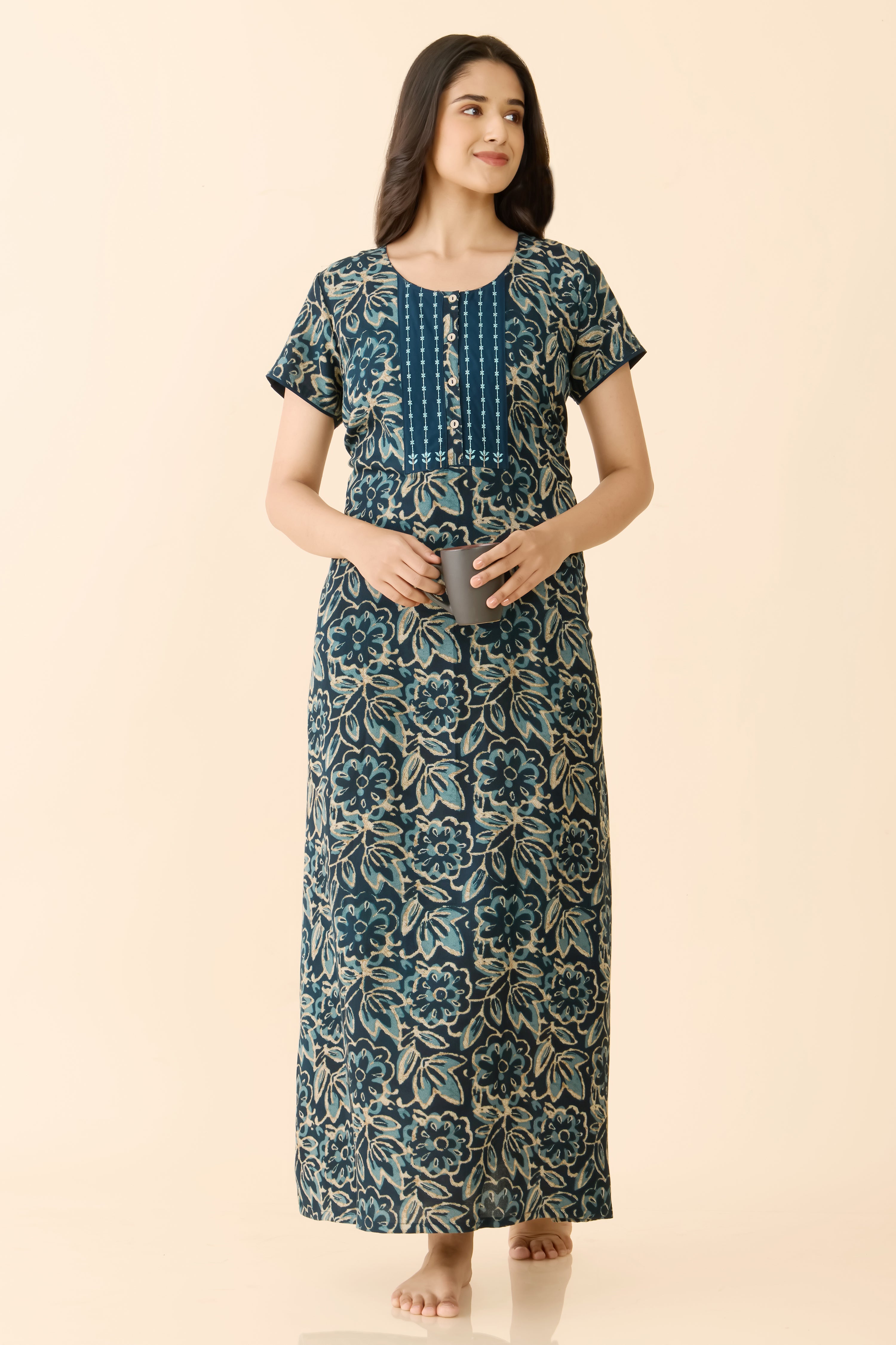 Blue Floral Cotton Nightwear with Striped Embroidered Yoke