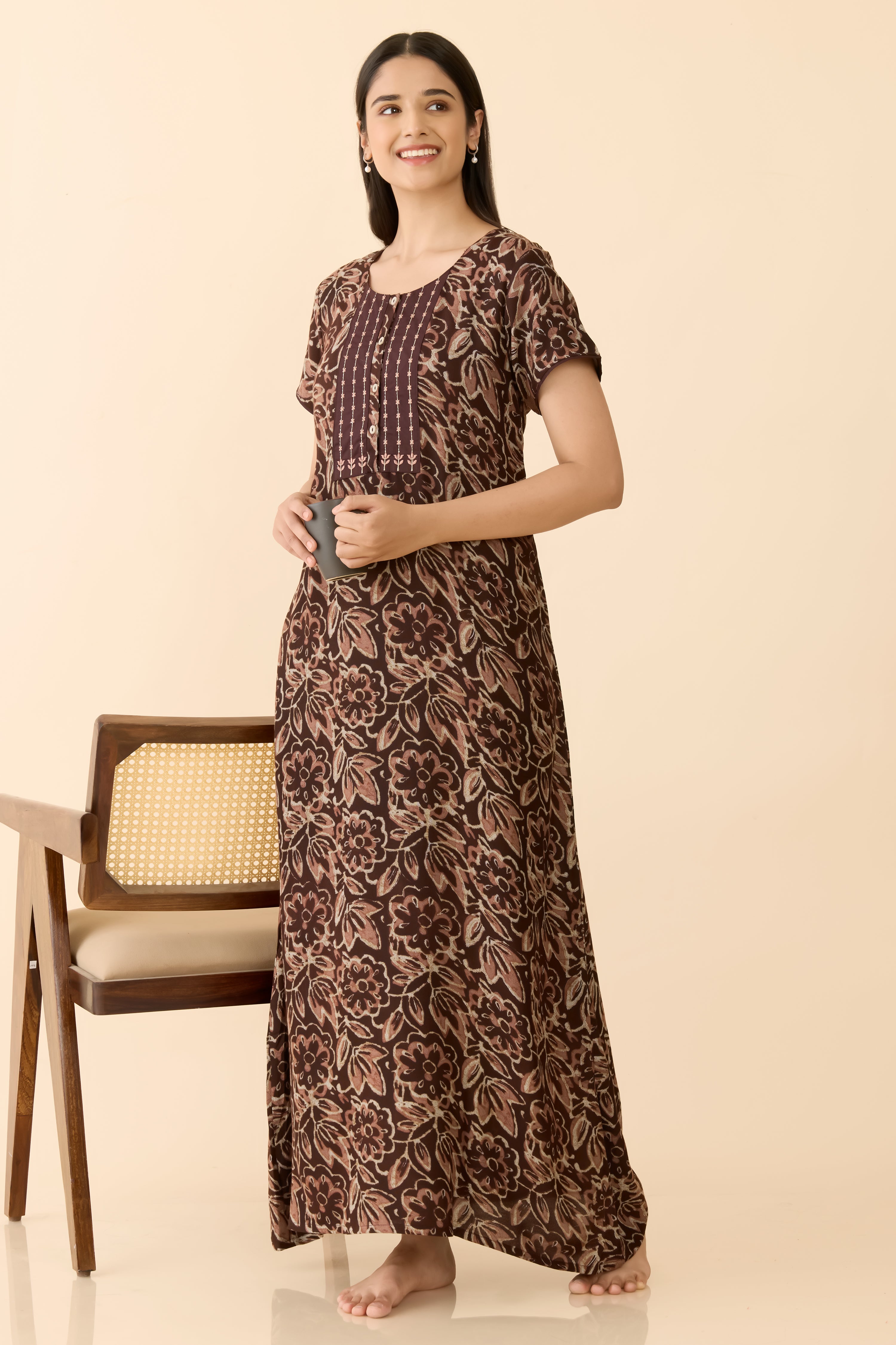 Brown Floral Cotton Nightwear with Striped Embroidered Yoke
