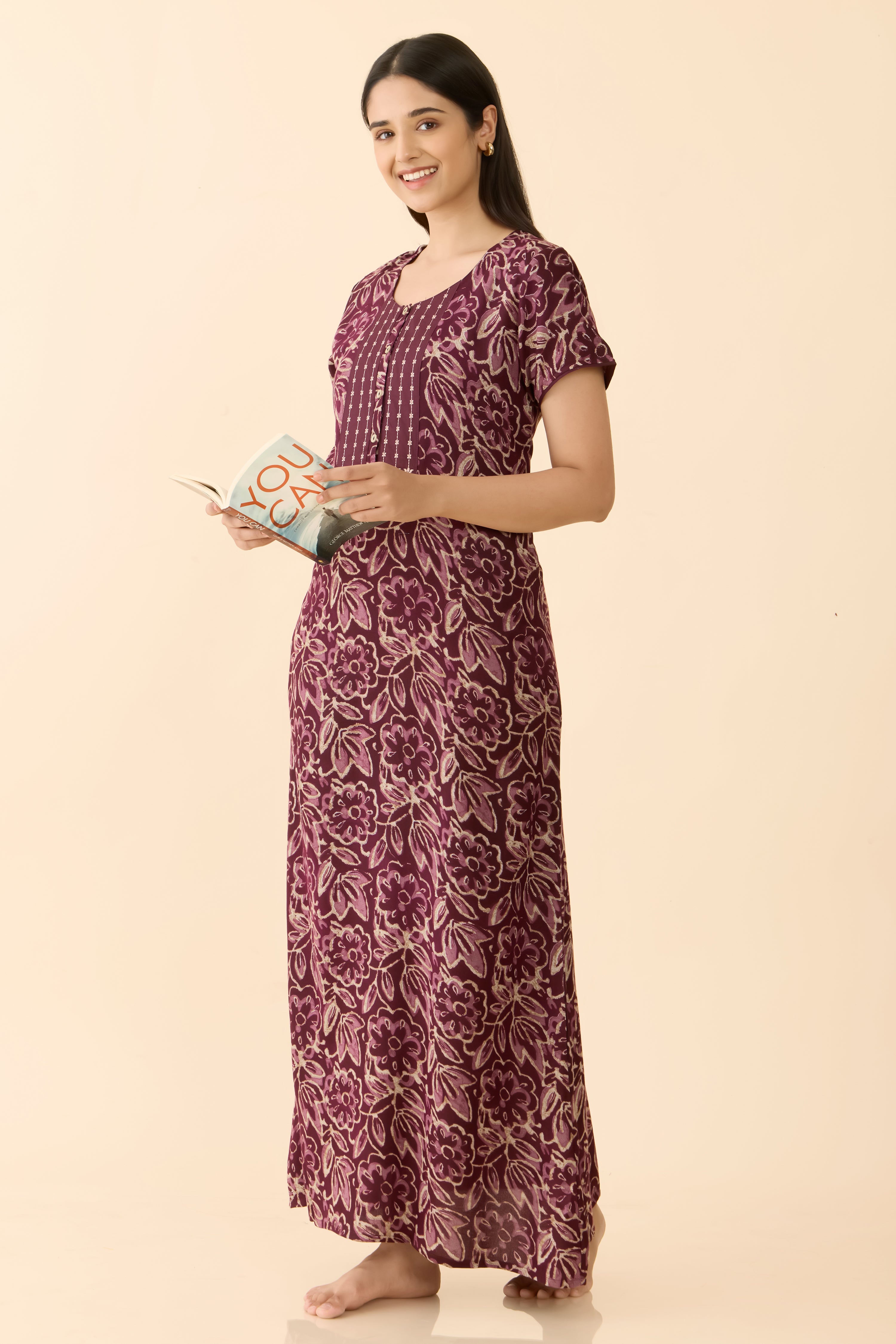 Purple Floral Cotton Nightwear with Striped Embroidered Yoke