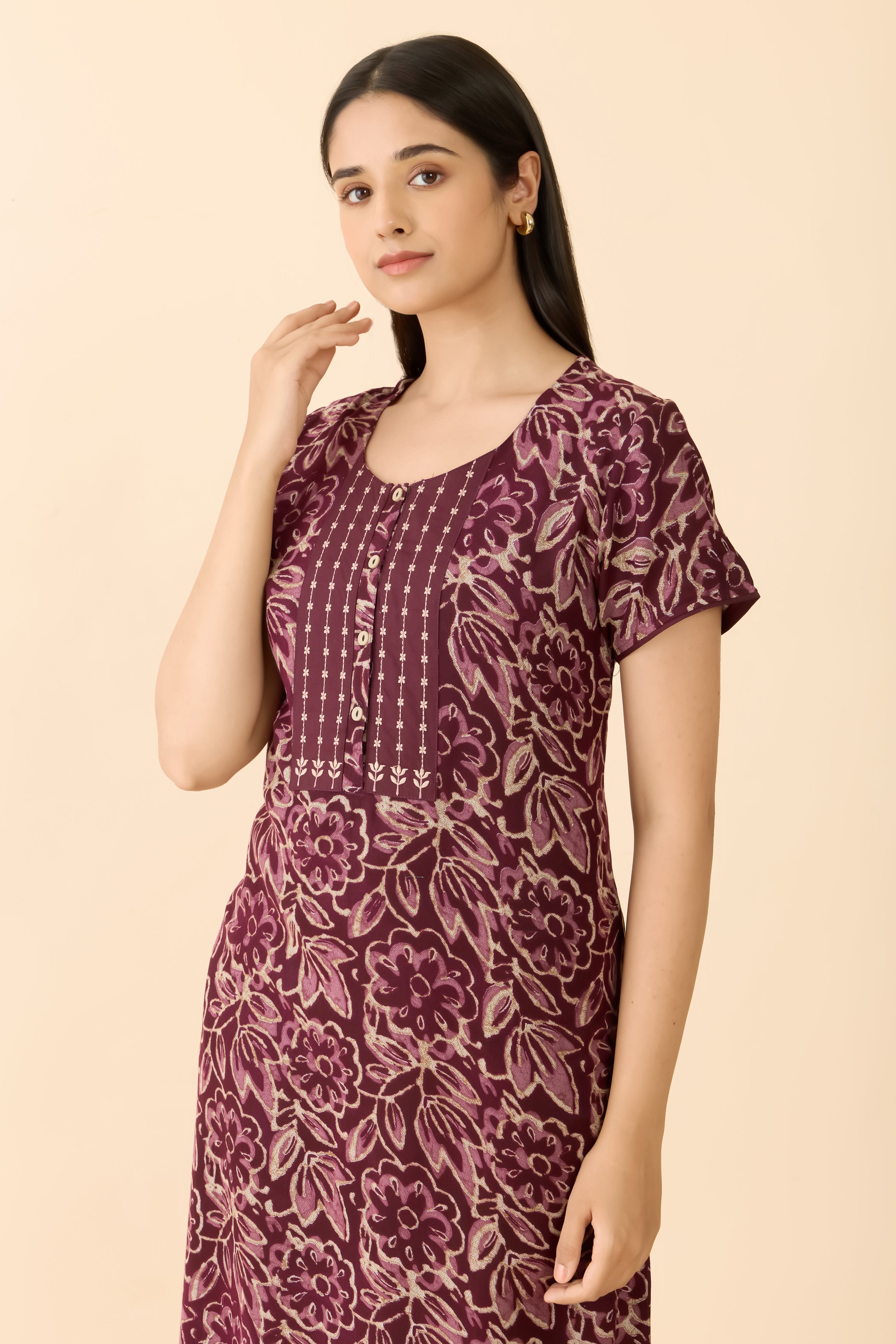 Purple Floral Cotton Nightwear with Striped Embroidered Yoke